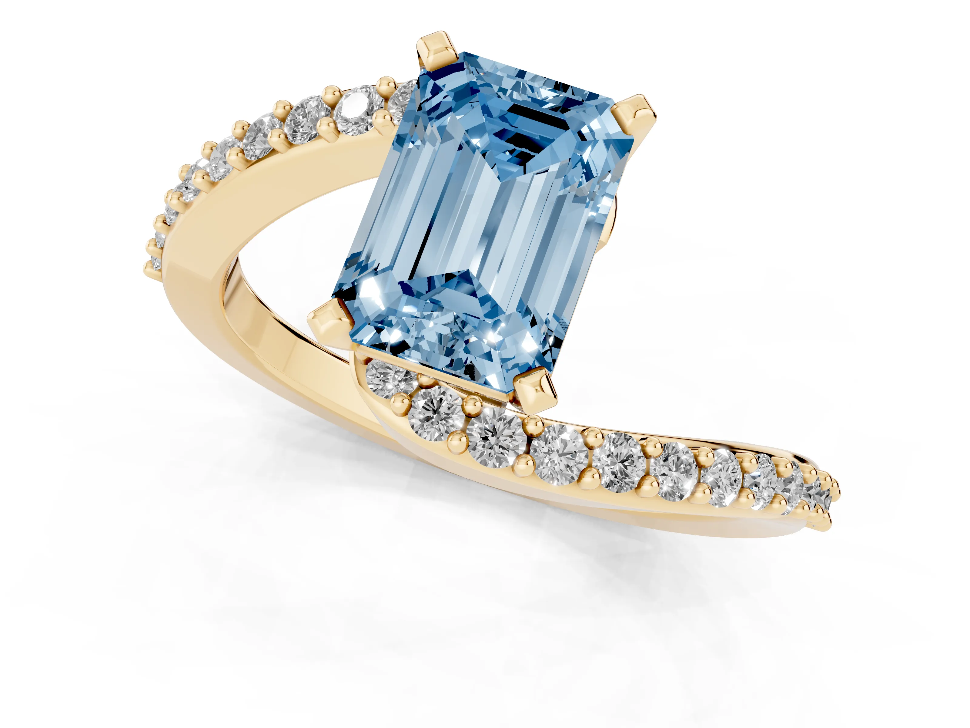 Fancy Blue Emerald Cut Diamond Solitaire Ring Set in Yellow gold with Pavé Twist Band and Prong Setting