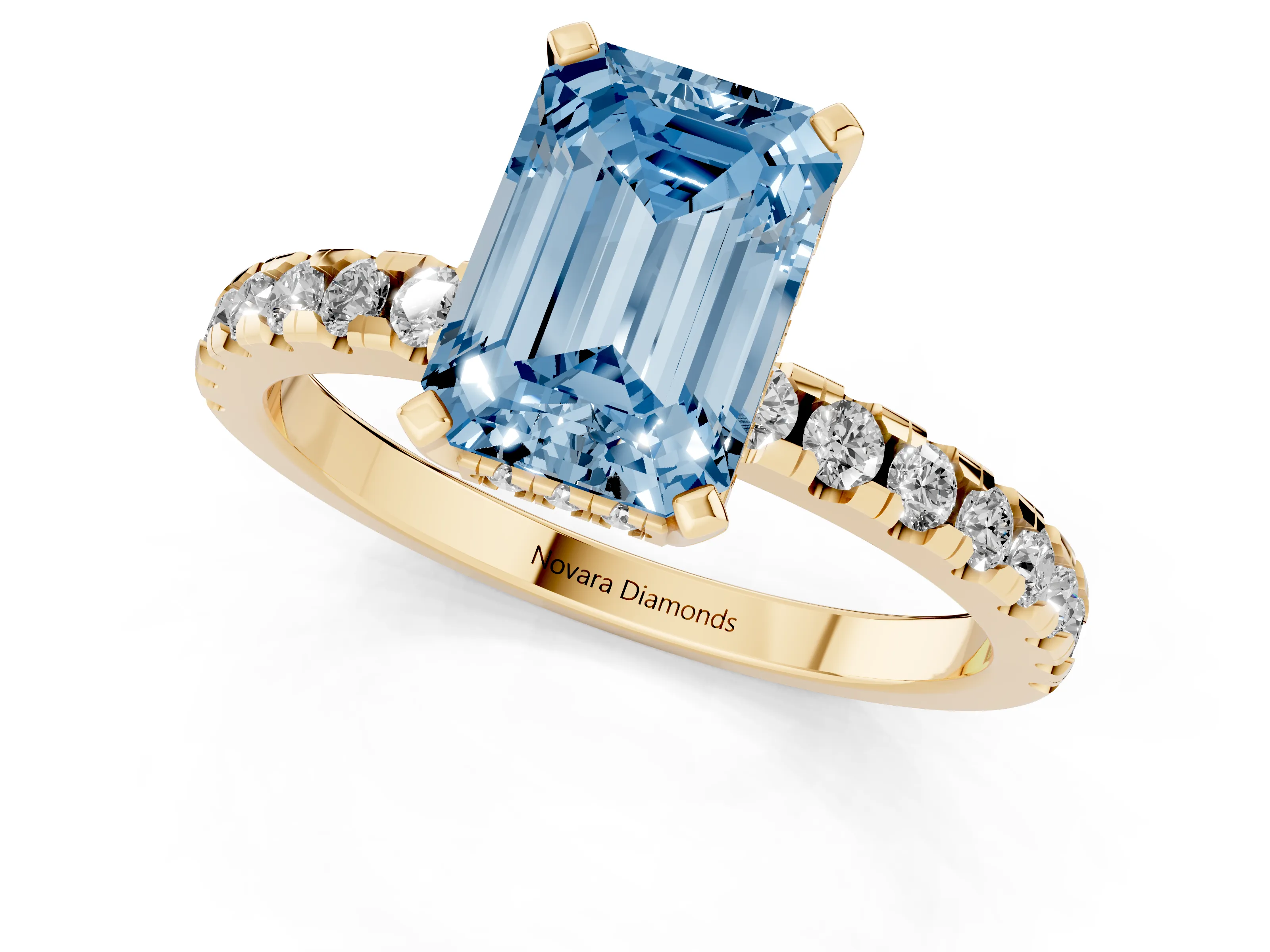 Fancy Blue Emerald Cut Diamond Pavé Solitaire Ring Set in Yellow gold with Round Band Accents and Prong Setting
