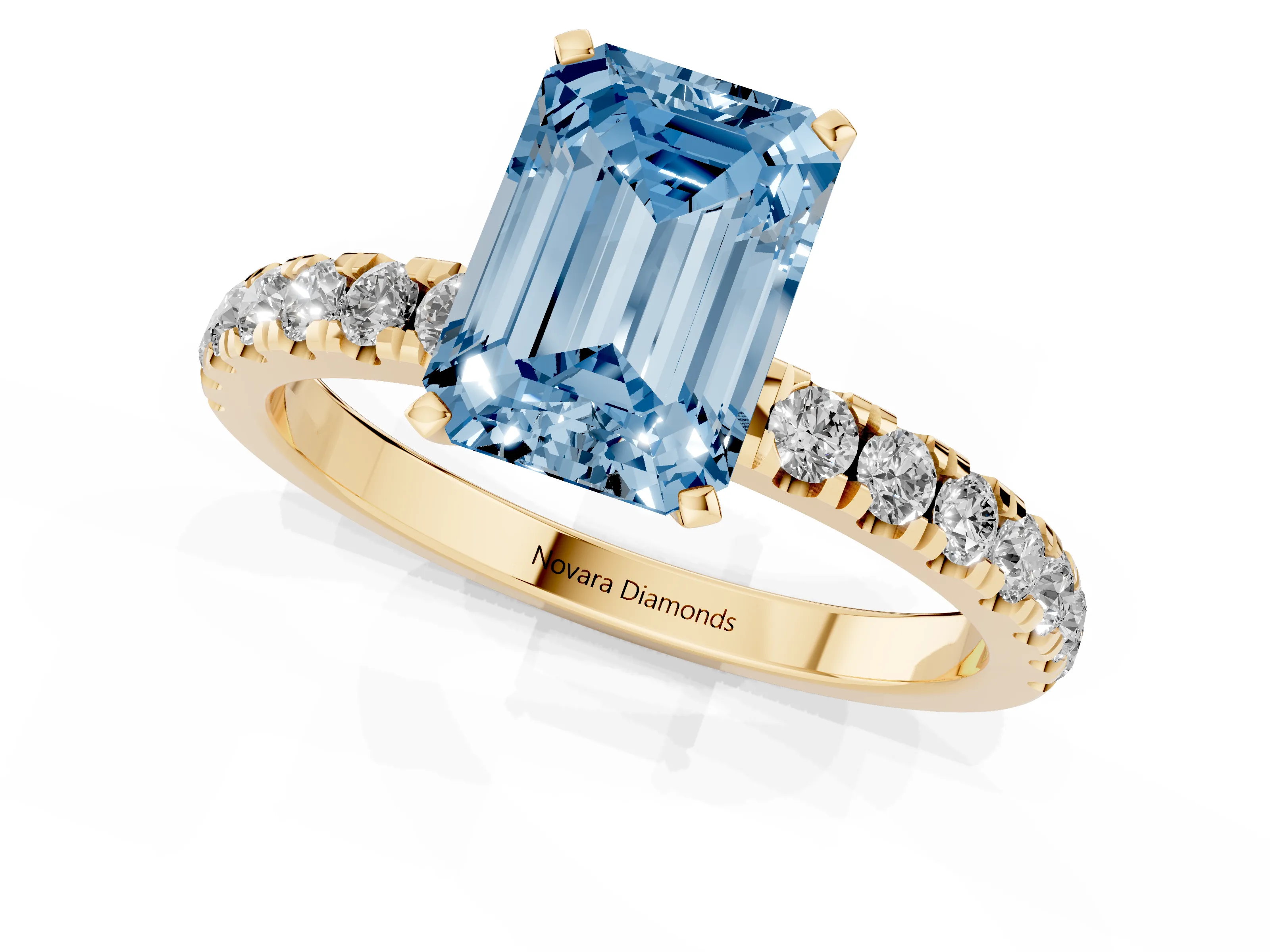 Fancy Blue Emerald Cut Diamond Solitaire Ring Set in Yellow gold with Pavé Accents and Prong Setting