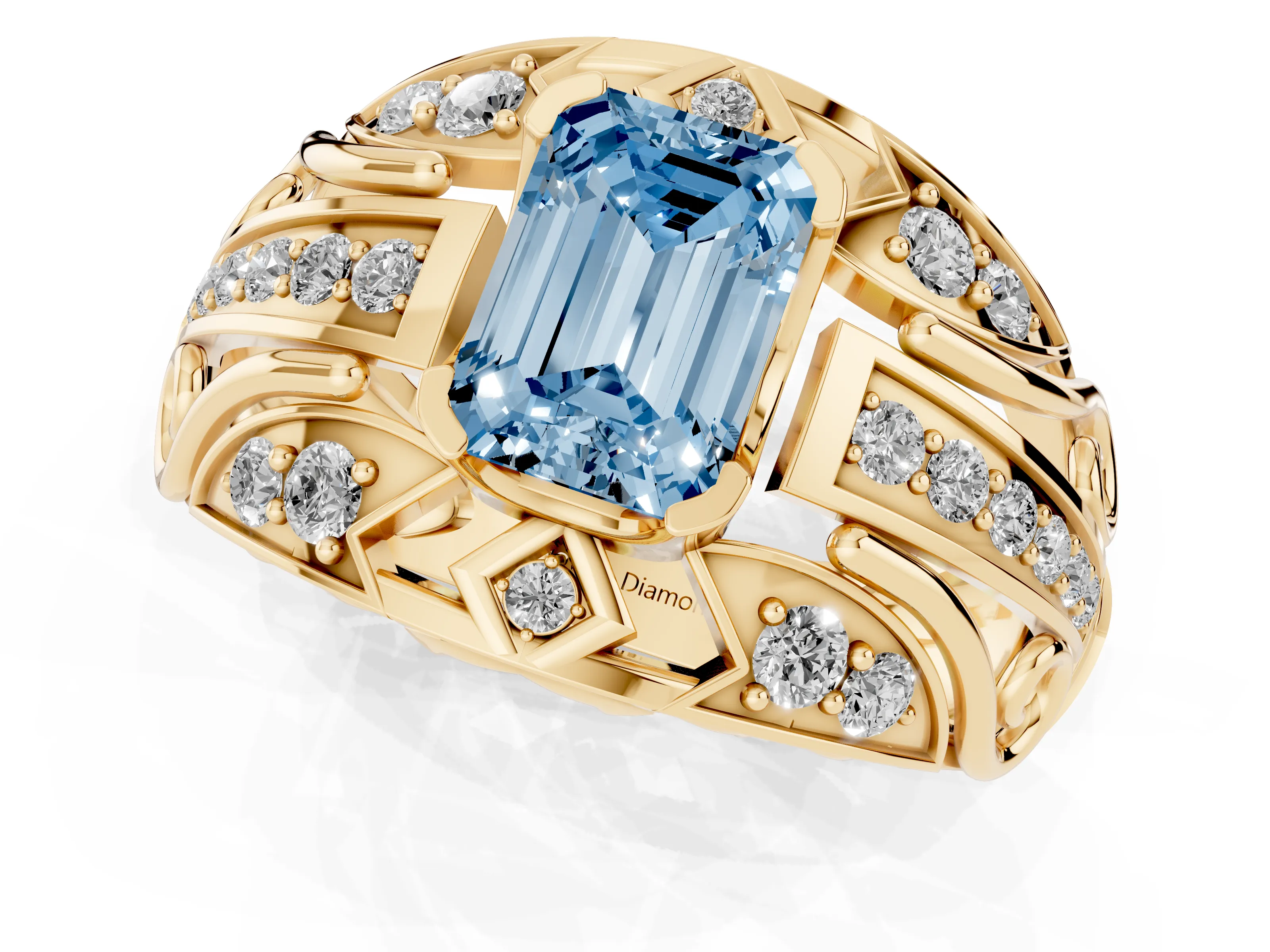 Fancy Blue Emerald Cut Diamond Art Deco Ring Set in Yellow gold with Pavé Split Shank
