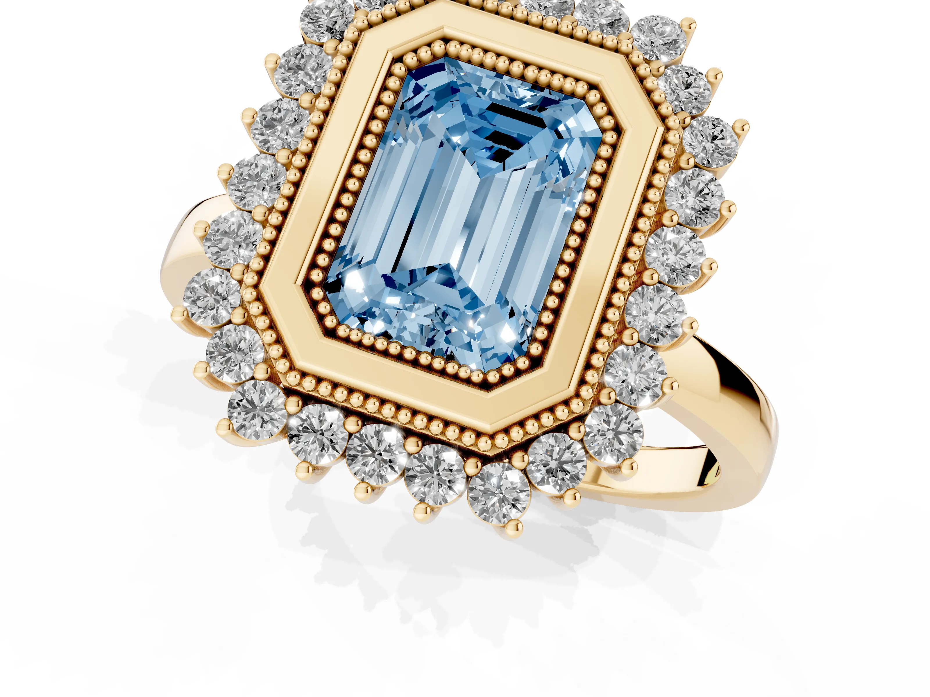 Fancy Blue Emerald Cut Diamond Halo Ring Set in Yellow gold with Milgrain Edge and Round Prong Setting