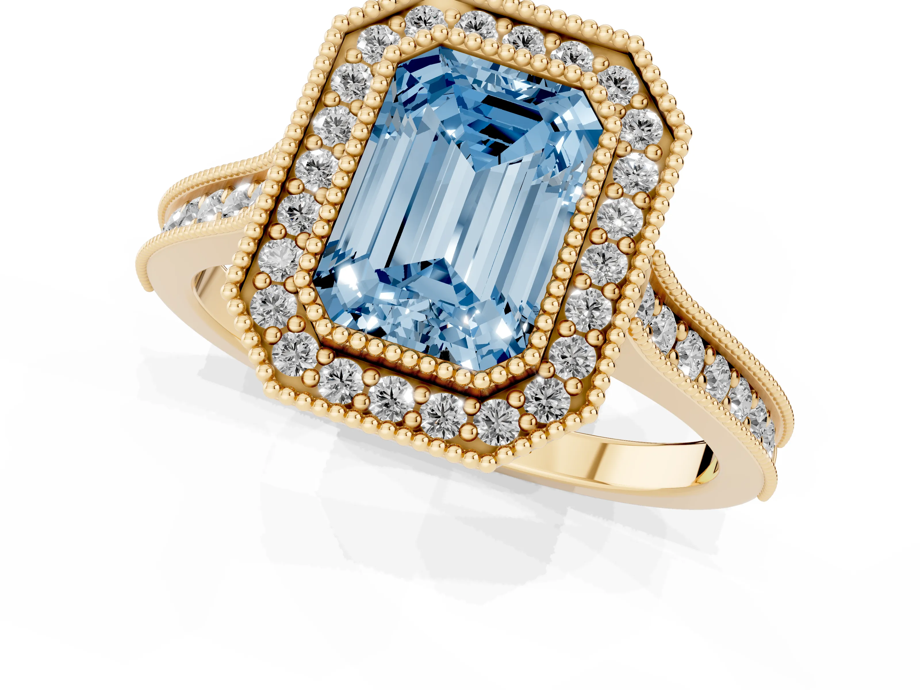 Fancy Blue Emerald Cut Diamond Halo Milgrain Pavé Band Ring Set in Yellow gold with Prong Setting