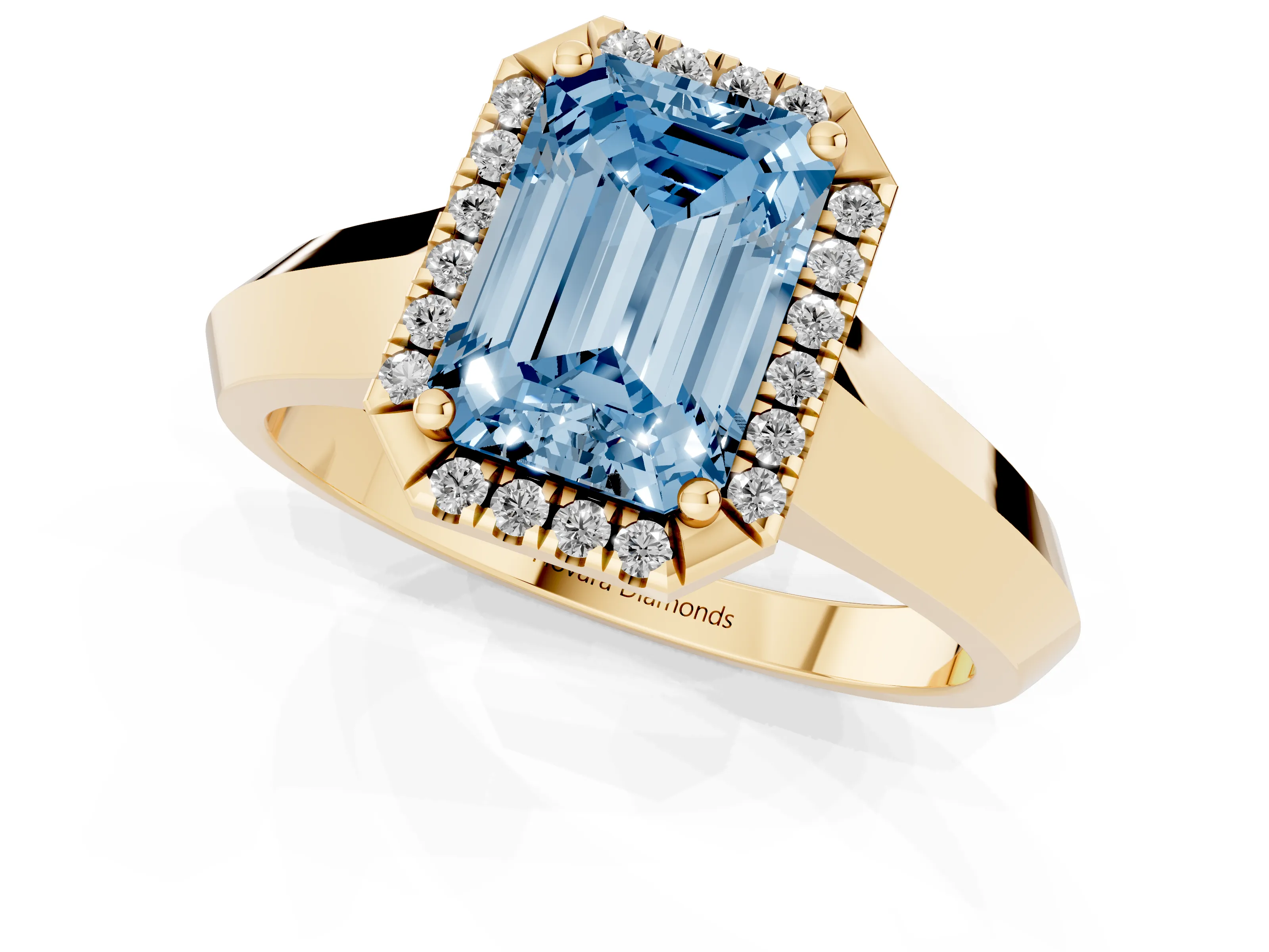 Fancy Blue Emerald Cut Diamond Halo Ring Set in Yellow gold with Cathedral Band and Prong Setting
