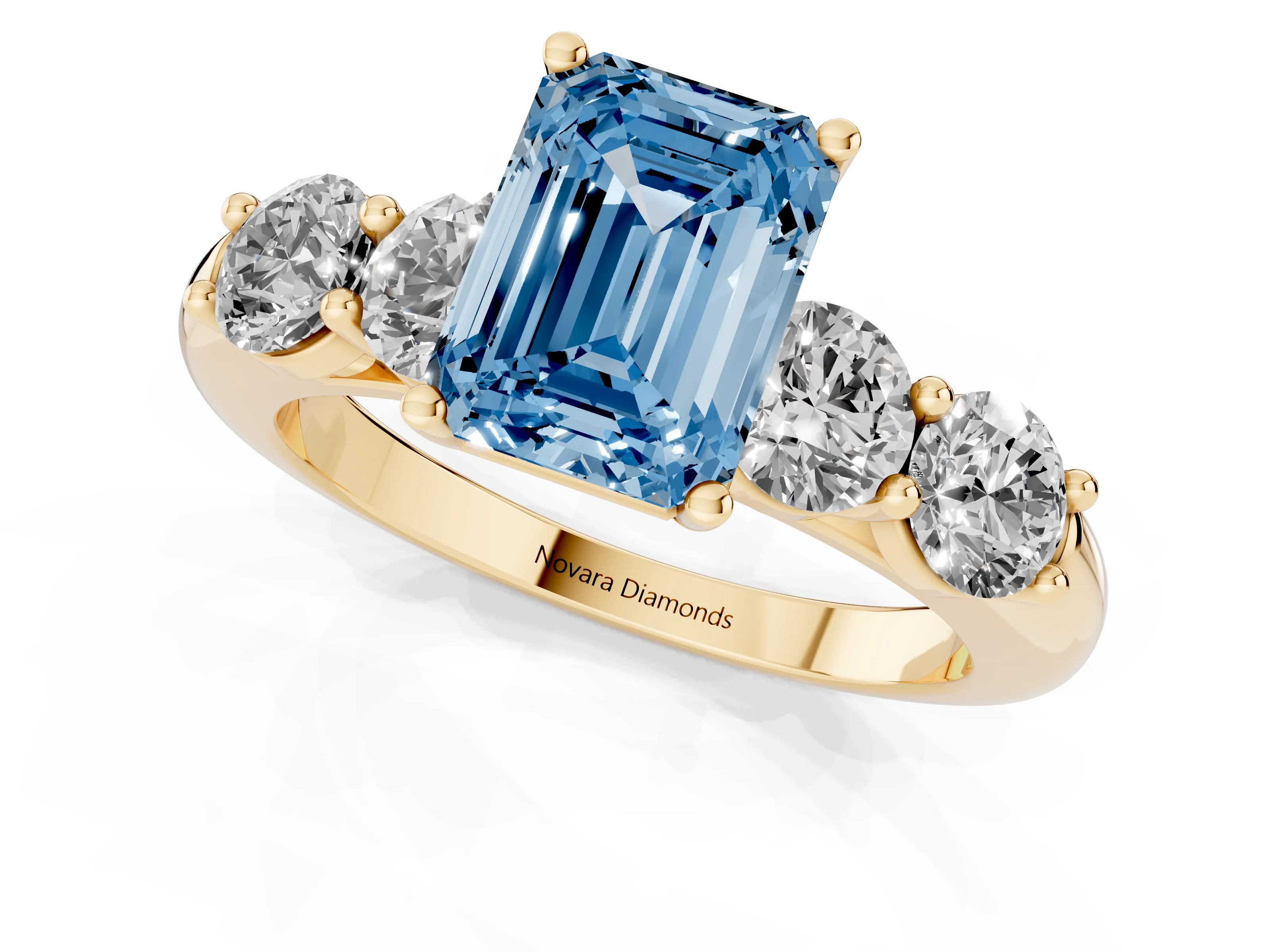 Fancy Blue Emerald Cut Diamond Five-Stone Prong Set Ring Set in Yellow gold with Classic Band