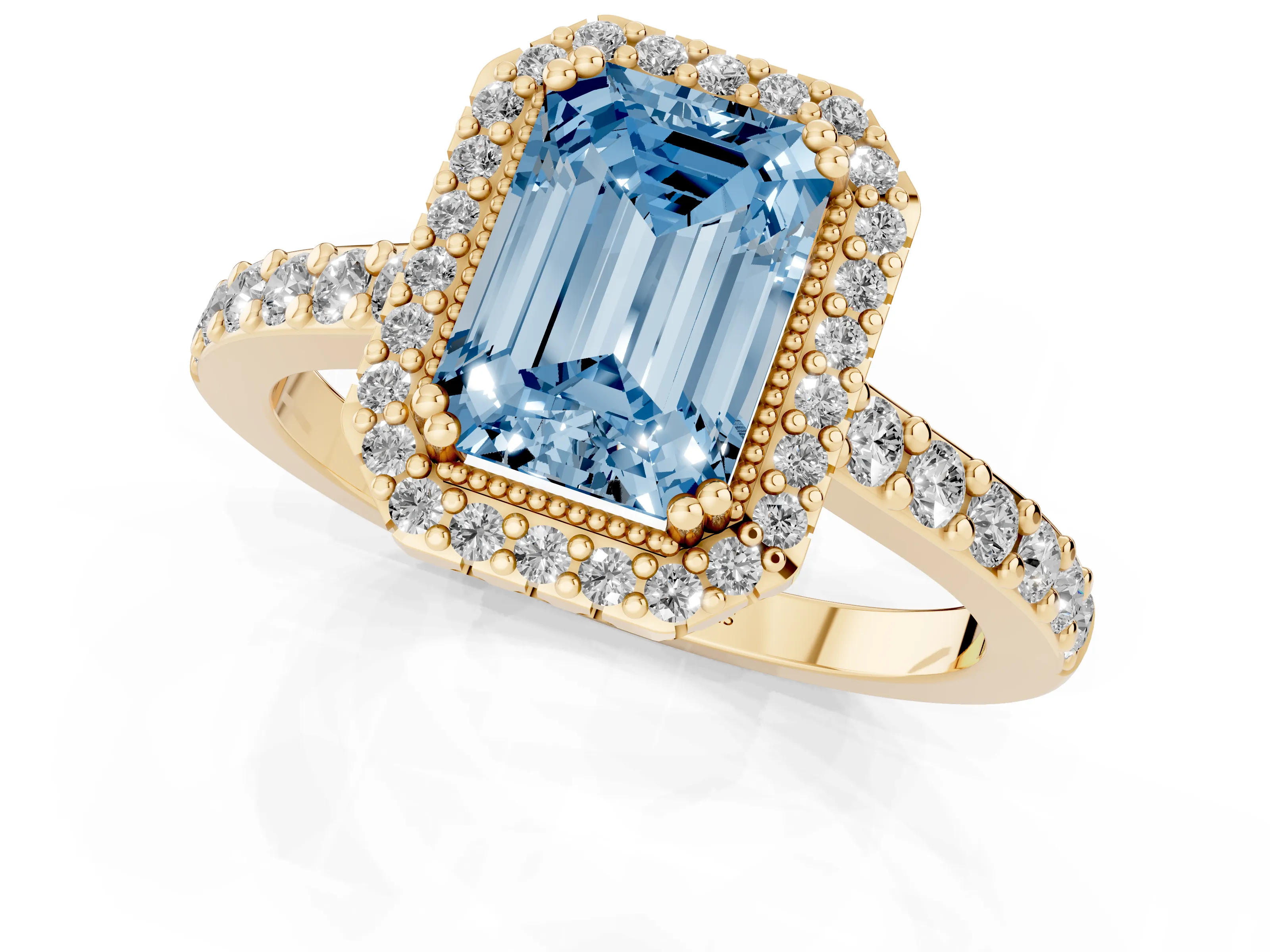 Fancy Blue Emerald Cut Diamond Halo Engagement Ring Set in Yellow gold with Milgrain Detail and Pavé Band
