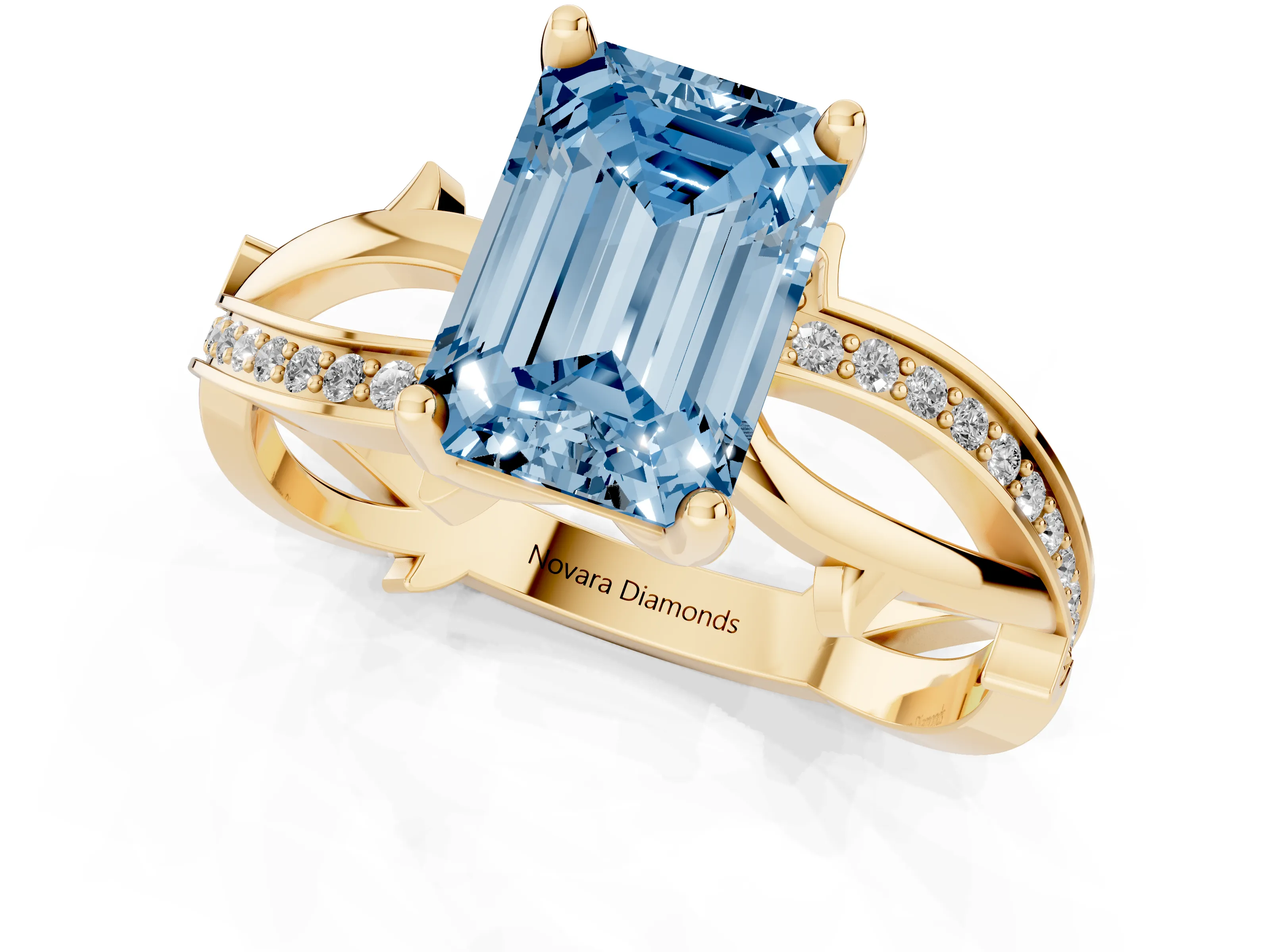 Fancy Blue Emerald Cut Diamond Pavé Twist Band Solitaire Ring Set in Yellow gold with Prong Setting