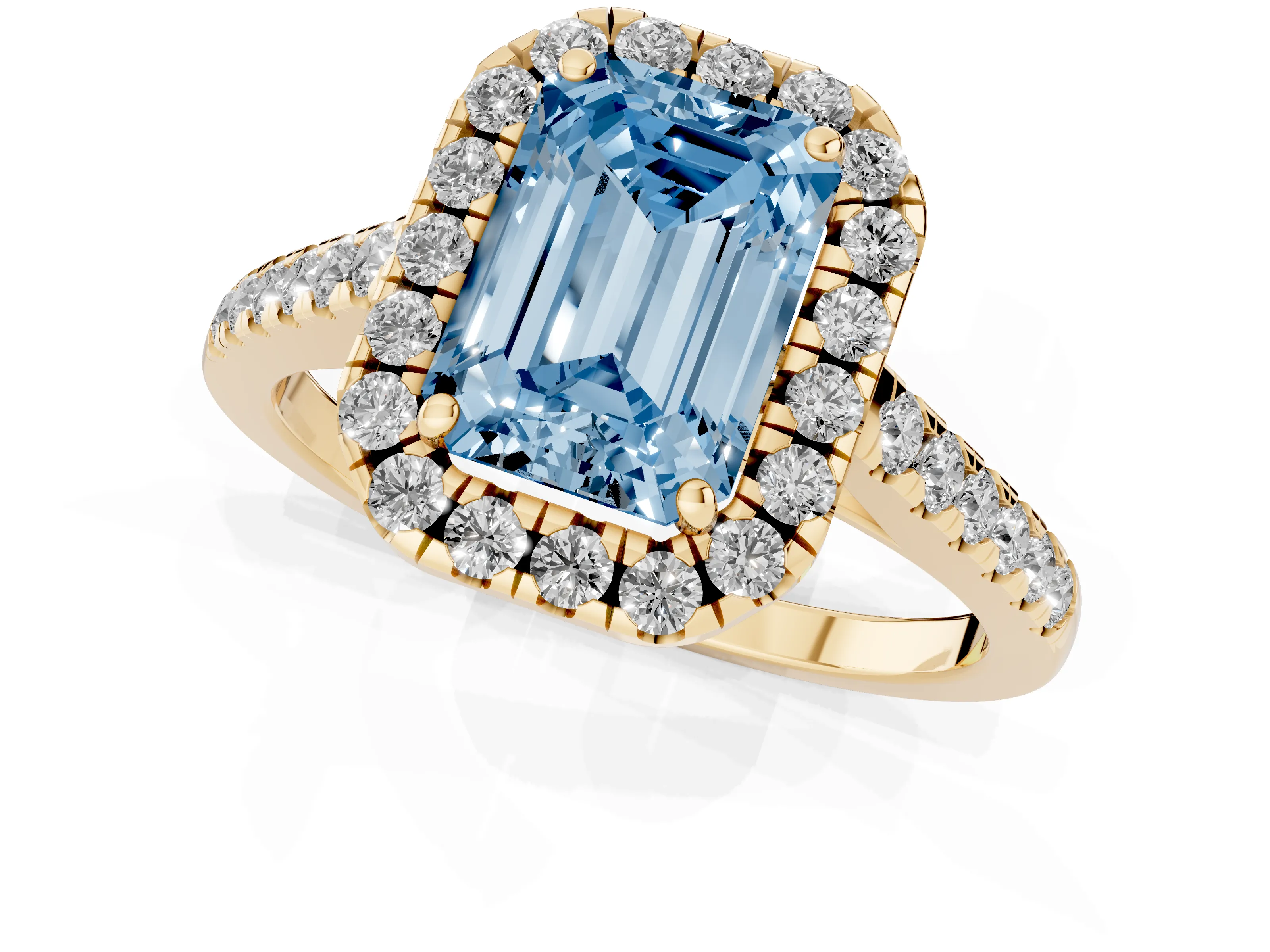 Fancy Blue Emerald Cut Diamond Halo Pavé Engagement Ring Set in Yellow gold with Prong Setting