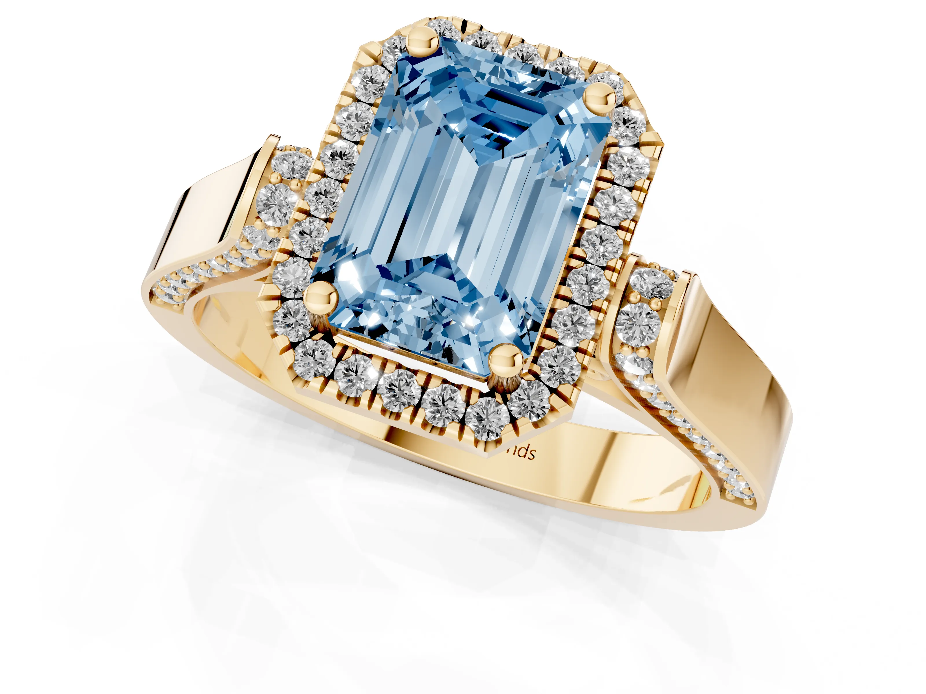 Fancy Blue Emerald Cut Diamond Halo Ring Set in Yellow gold with Pavé-Lined Split Shank Band