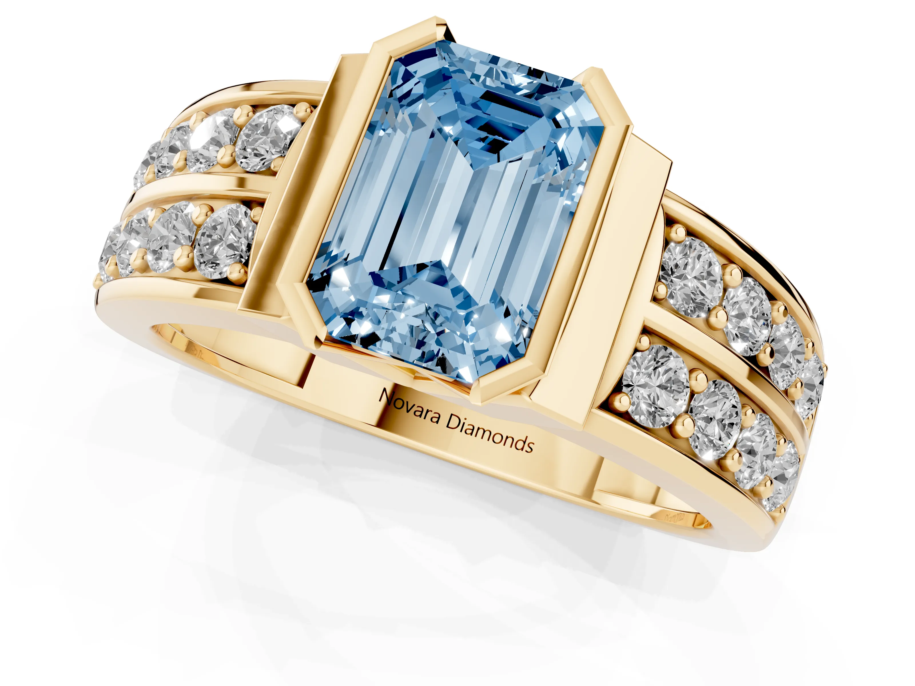 Fancy Blue Emerald Cut Diamond Wide Channel Set Band Ring Set in Yellow gold with Bezel Setting