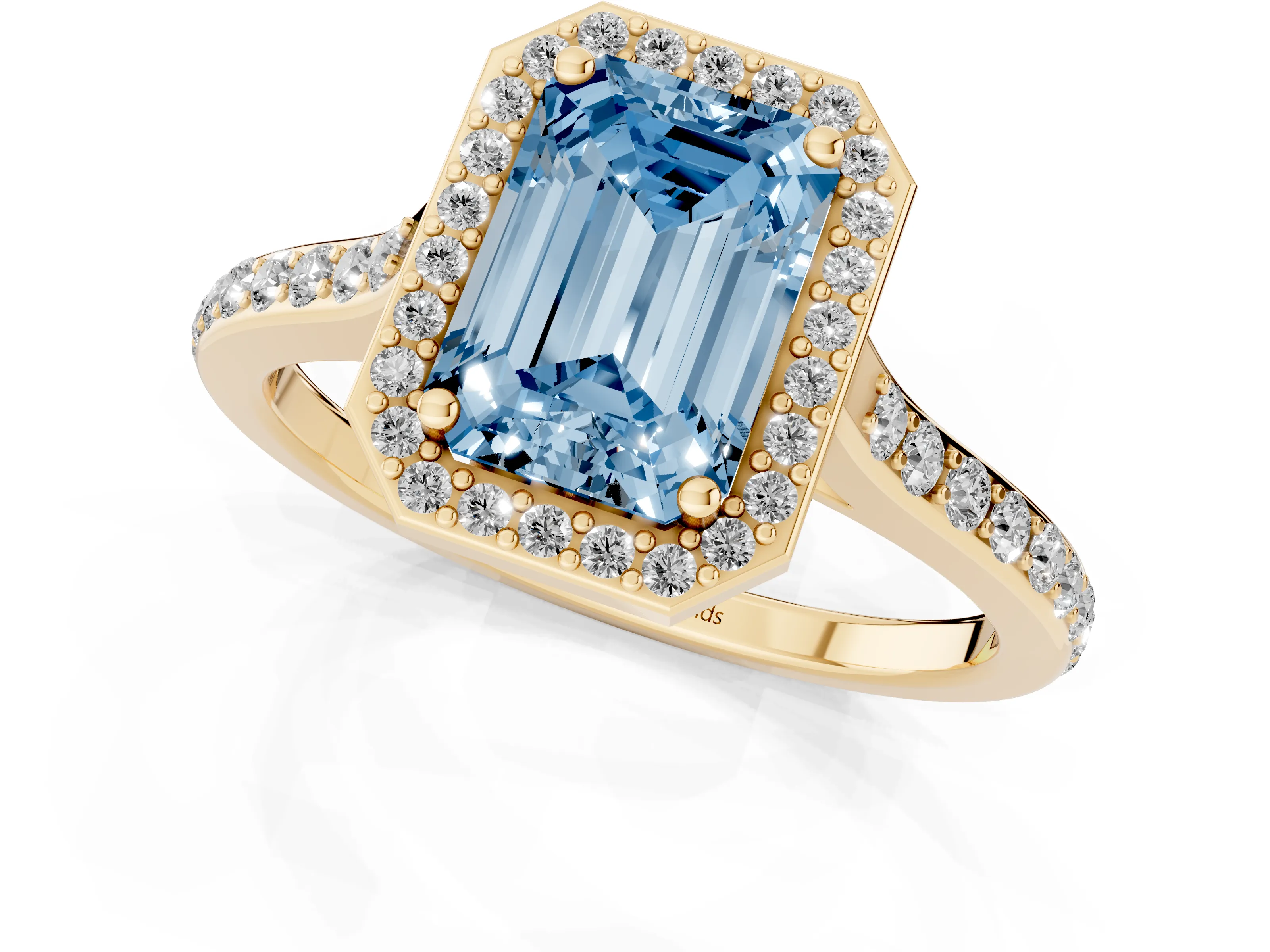 Fancy Blue Emerald Cut Diamond Halo Engagement Ring Set in Yellow gold with Round Pavé Shoulders and Heart Gallery – second view