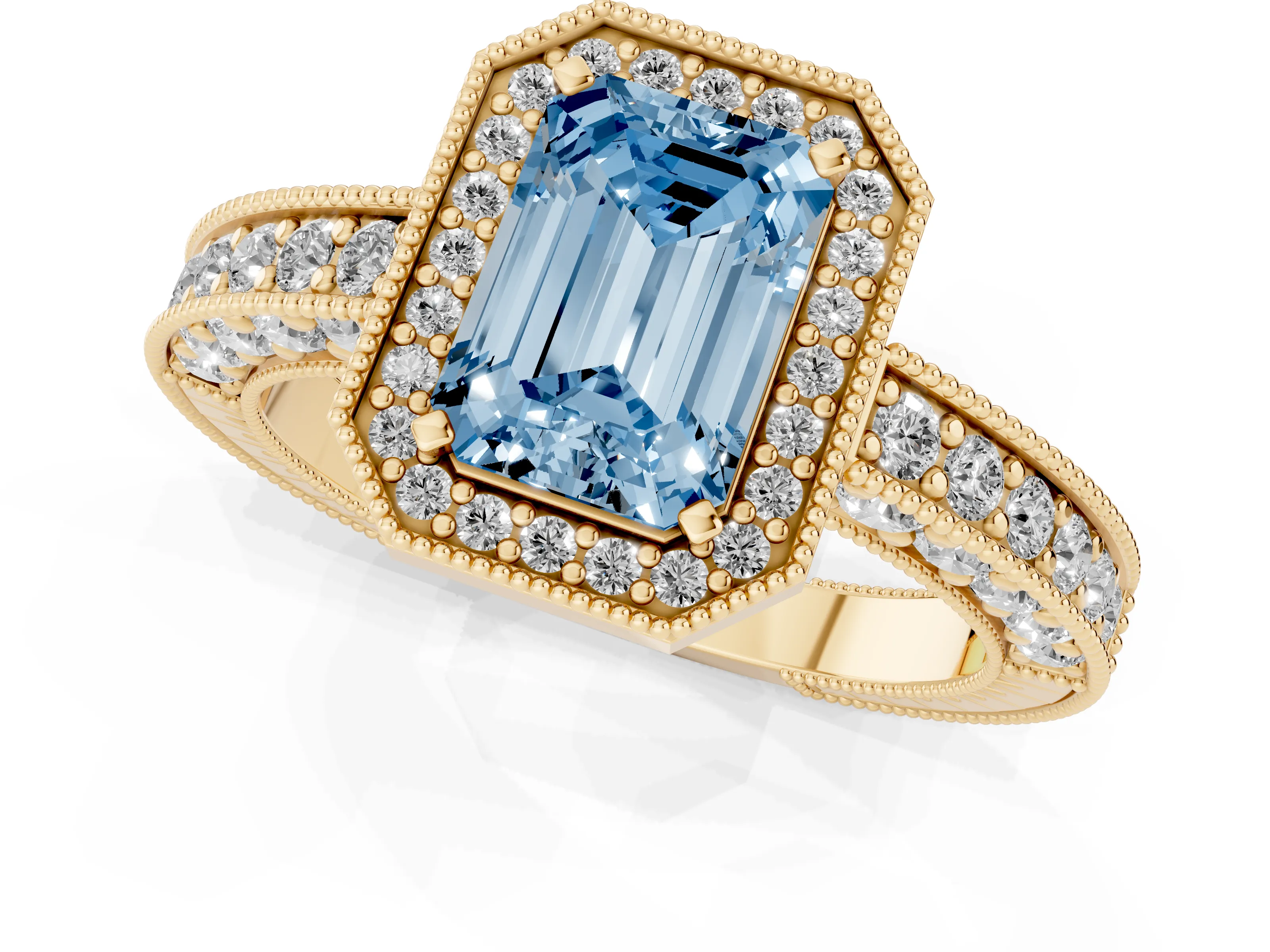 Fancy Blue Emerald Cut Diamond Halo Pavé Band Ring Set in Yellow gold with Prong-Set Center