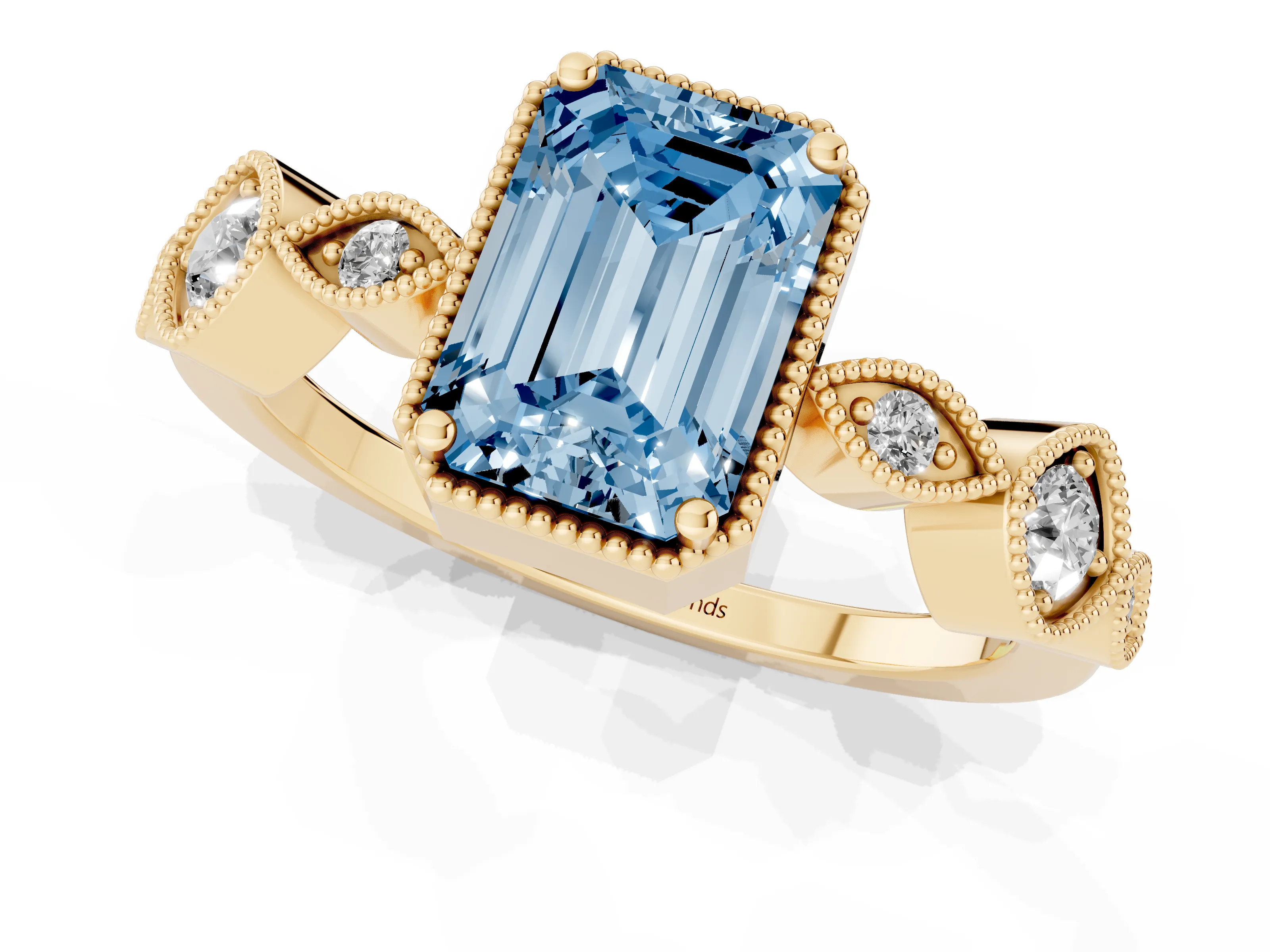 Fancy Blue Emerald Cut Diamond Vintage-Inspired Milgrain Ring Set in Yellow gold with Marquise Stations of Round Accents