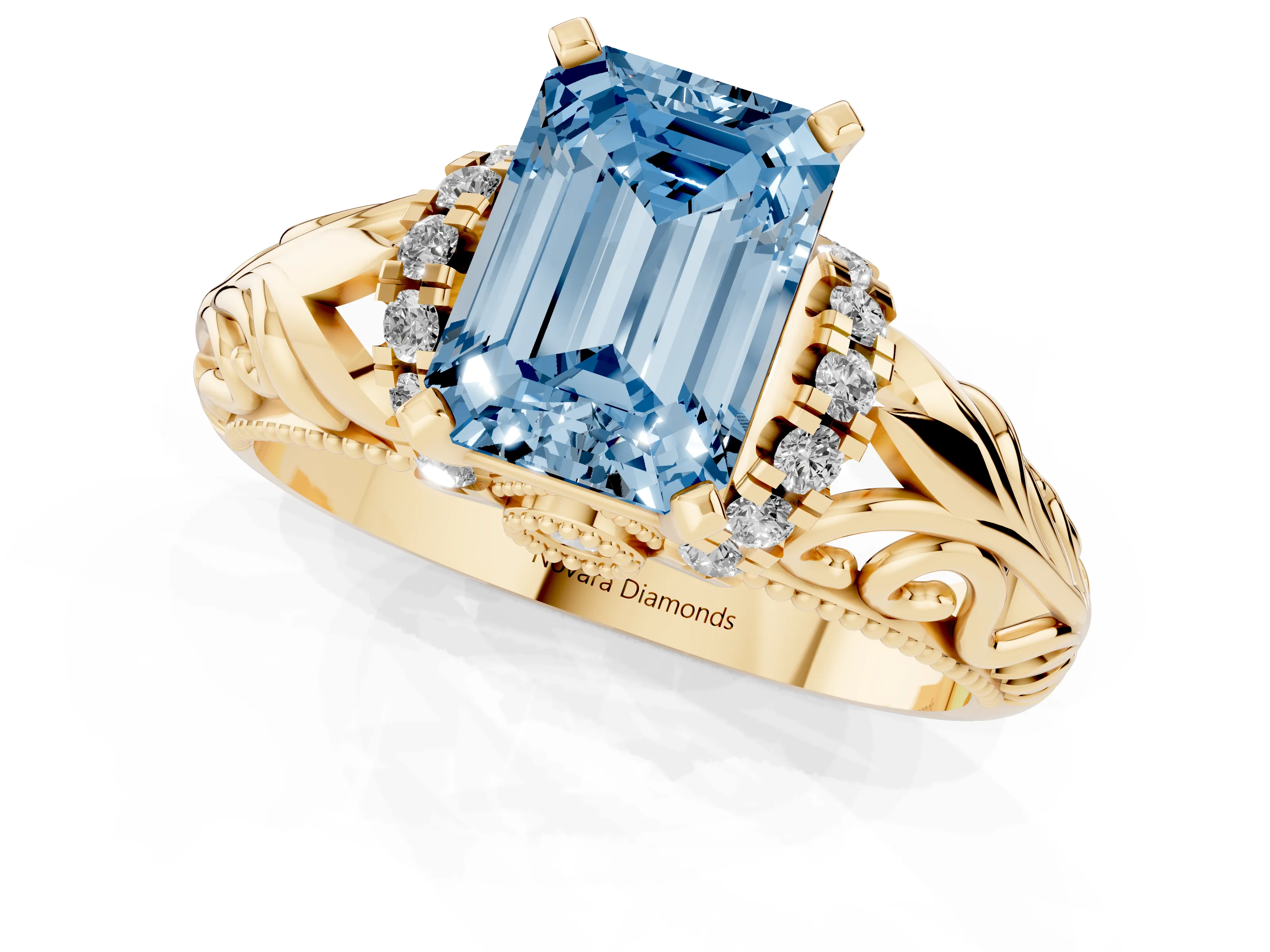 Fancy Blue Emerald Cut Diamond Filigree Halo Engagement Ring Set in Yellow gold with Prong Setting