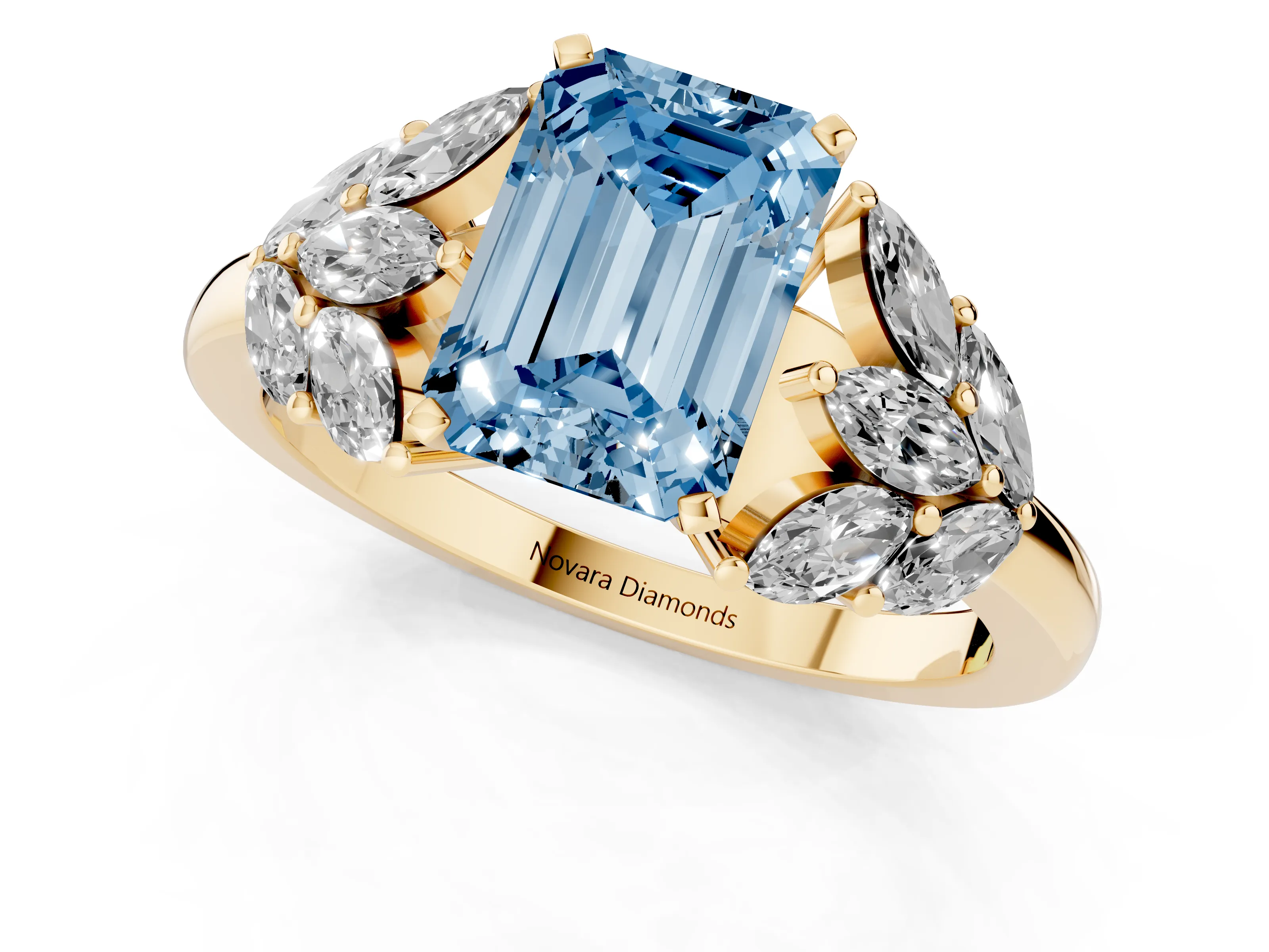 Fancy Blue Emerald Cut Diamond Cluster Leaf Design Ring Set in Yellow gold with Prong Setting