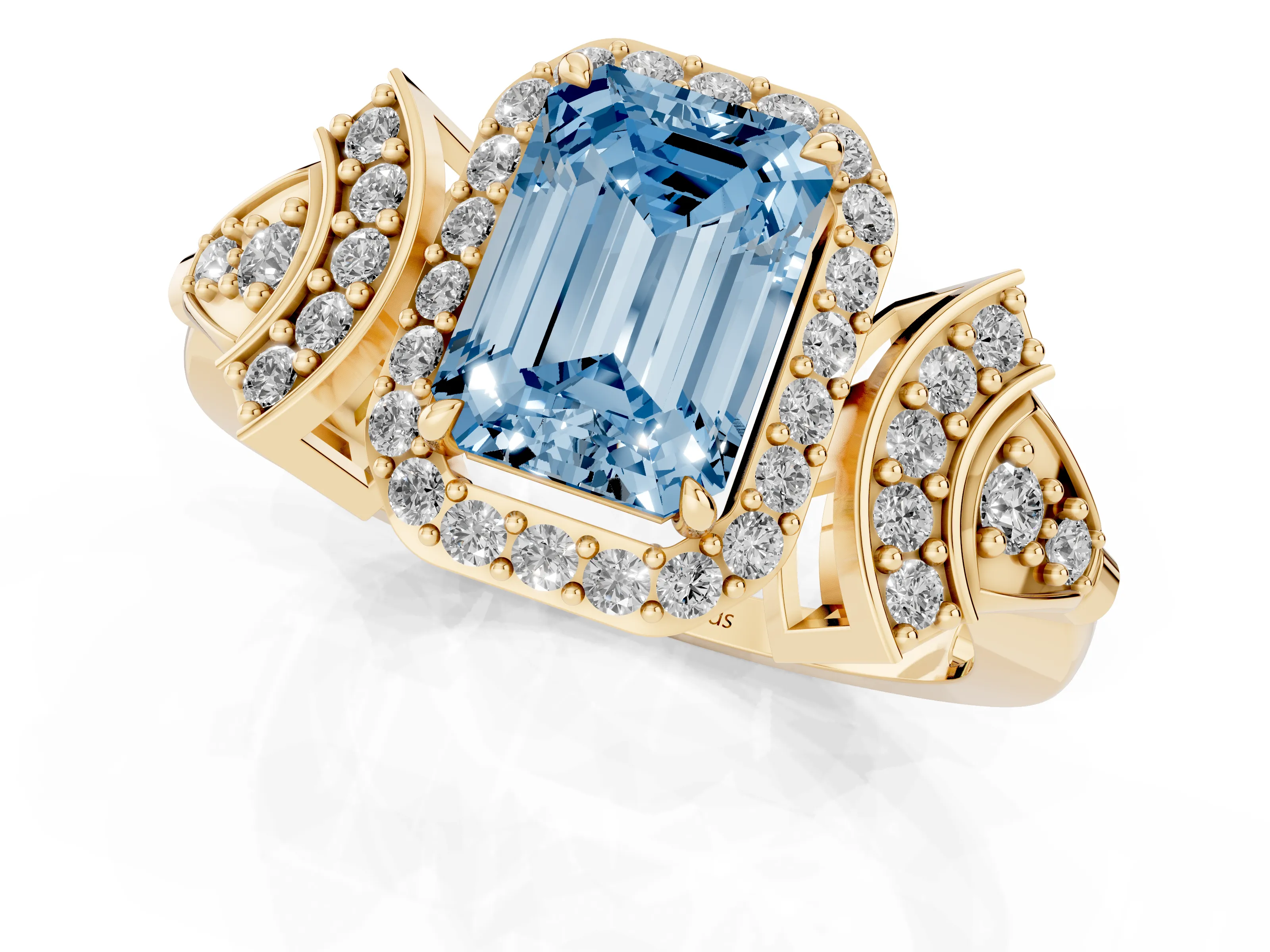 Fancy Blue Emerald Cut Diamond Halo Engagement Ring Set in Yellow gold with Accent Stone Split Shank