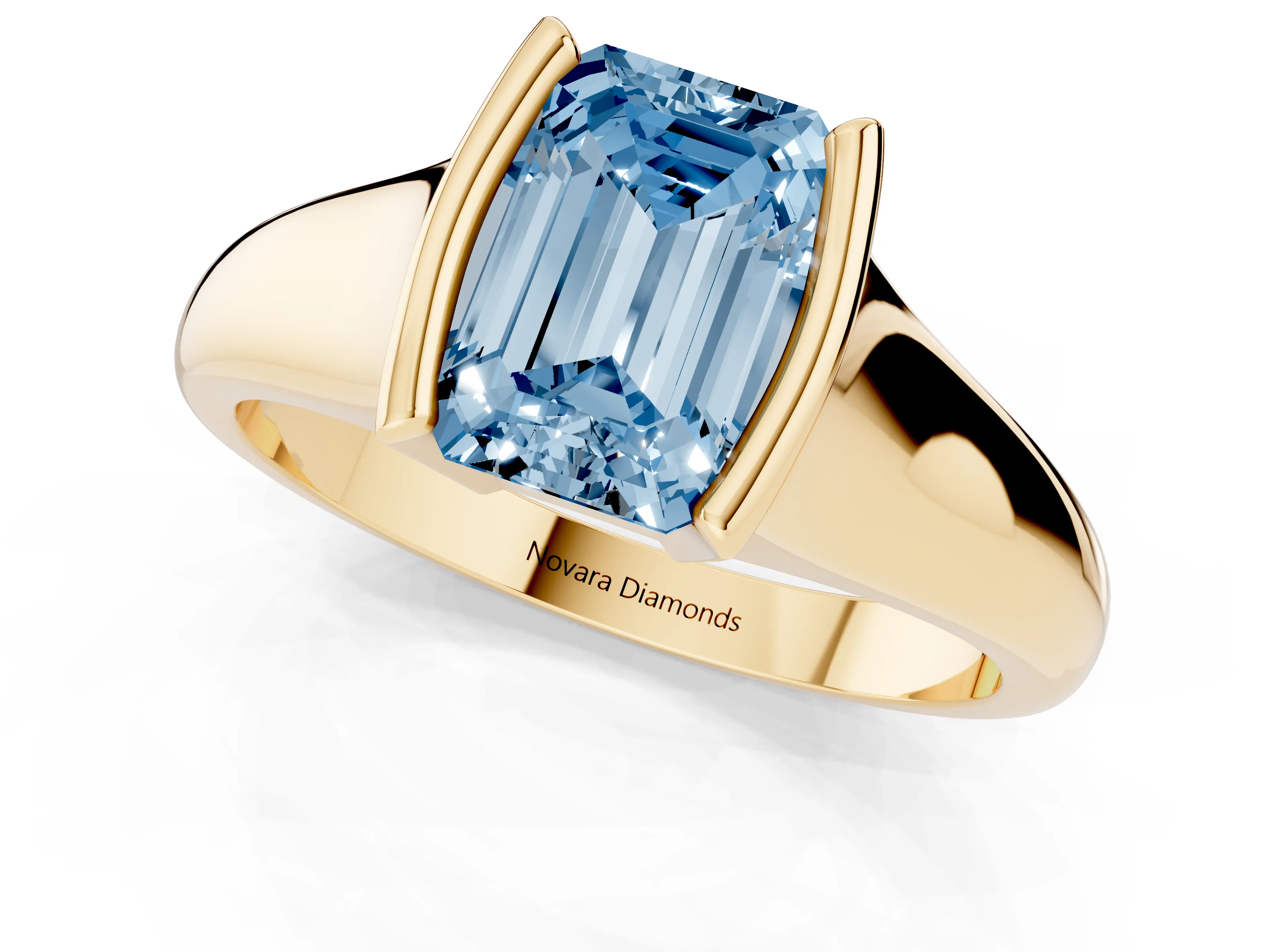 Fancy Blue Emerald Cut Diamond Solitaire Tension Set Ring Set in Yellow gold with Split Shank Band