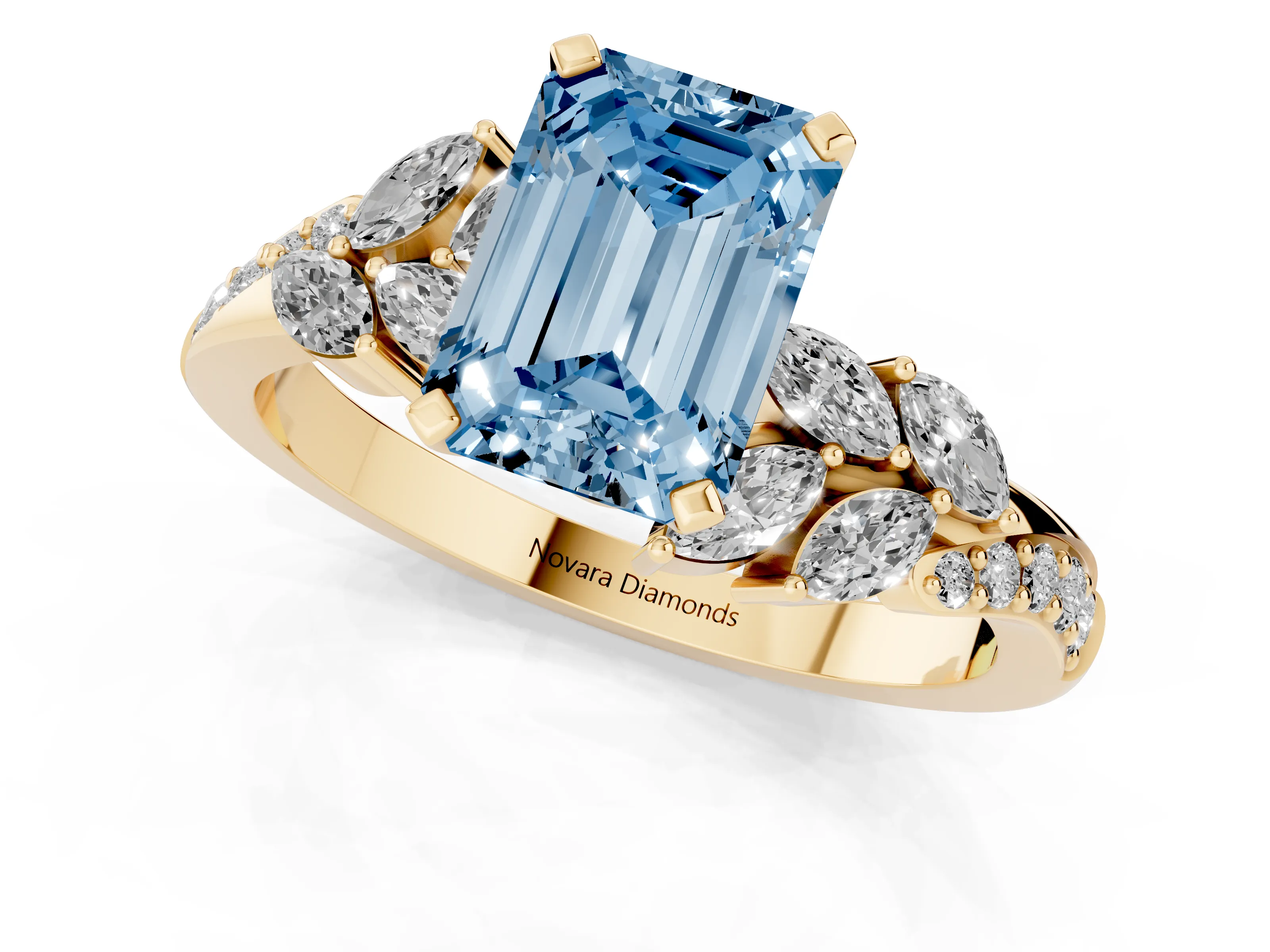 Fancy Blue Emerald Cut Diamond Solitaire Ring Set in Yellow gold with Marquise Twist Band and Prong Setting