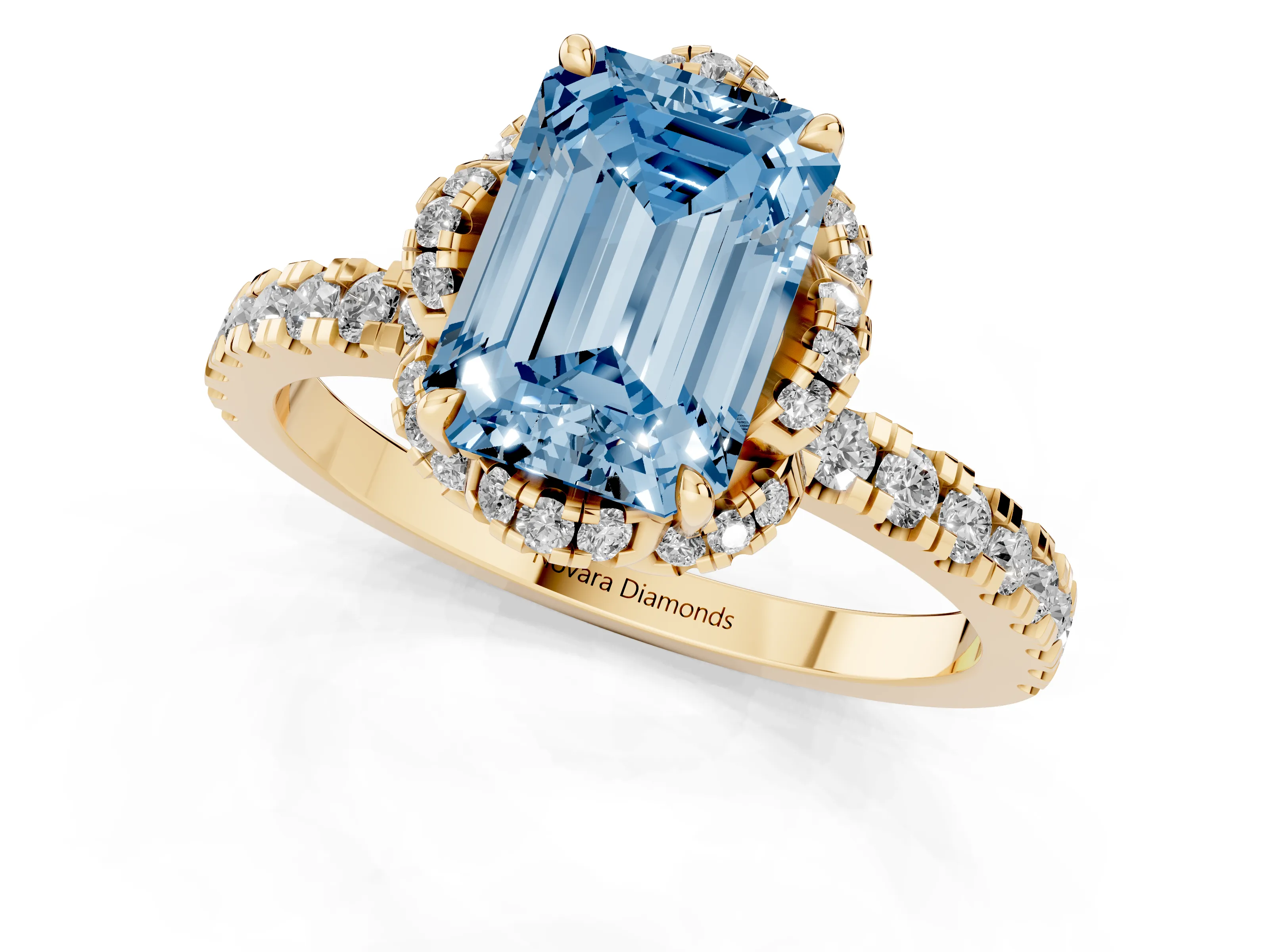 Fancy Blue Emerald Cut Diamond Halo Pavé Band Ring Set in Yellow gold with Prong-Held Center
