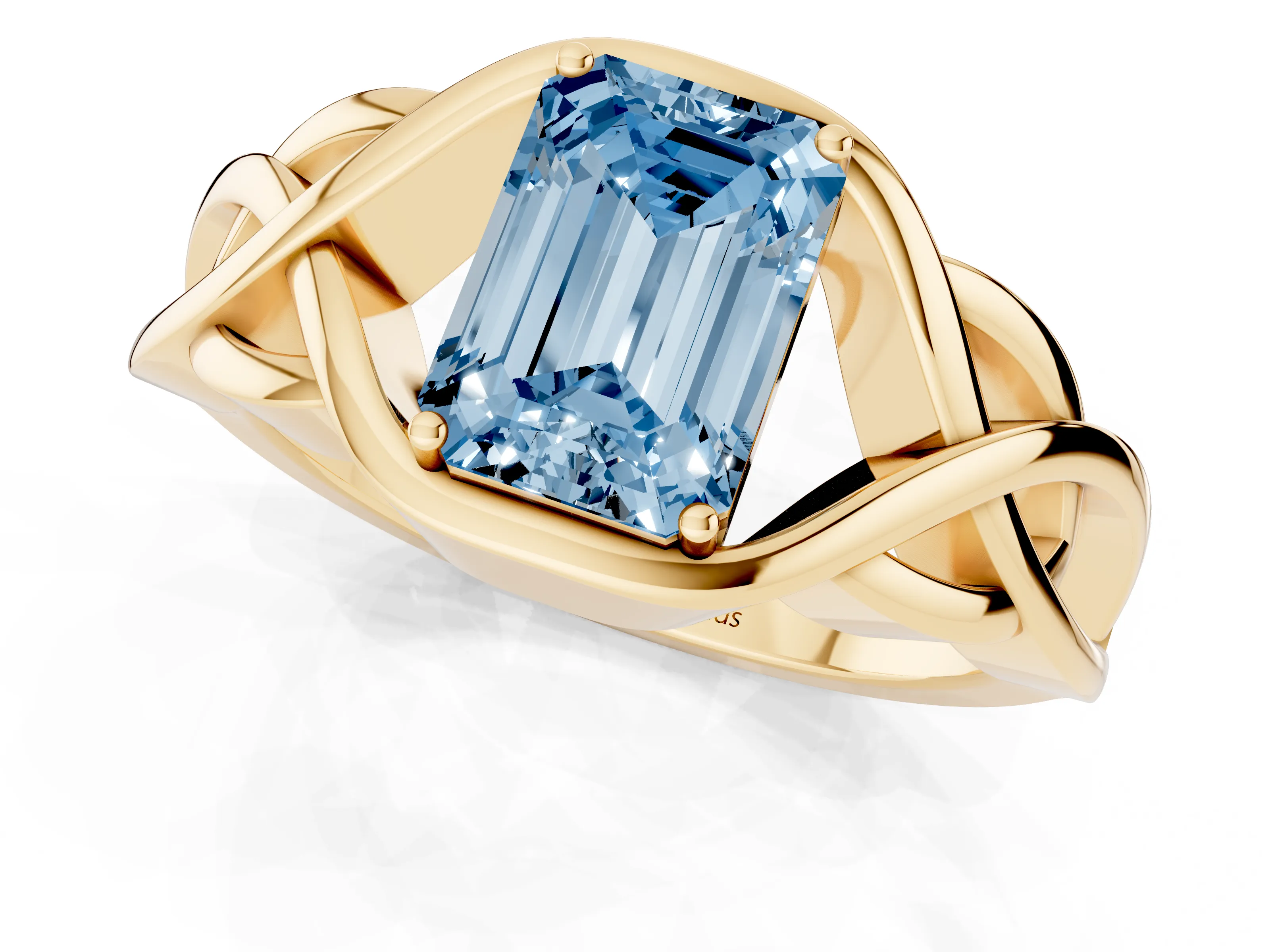 Fancy Blue Emerald Cut Diamond Solitaire Ring Set in Yellow gold with Intertwined Band