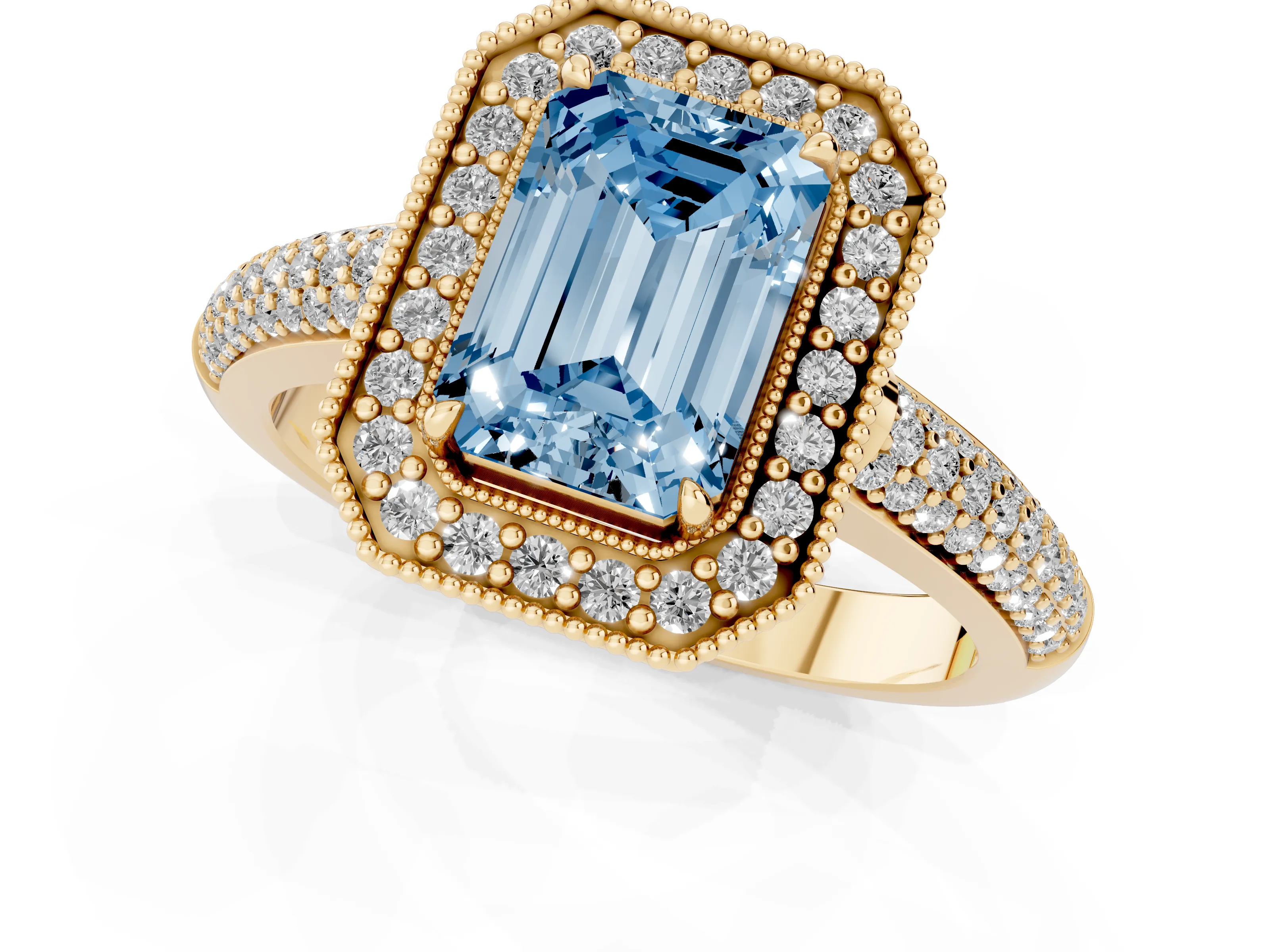 Fancy Blue Emerald Cut Diamond Halo Pavé Band Set in Yellow gold with Prong Setting