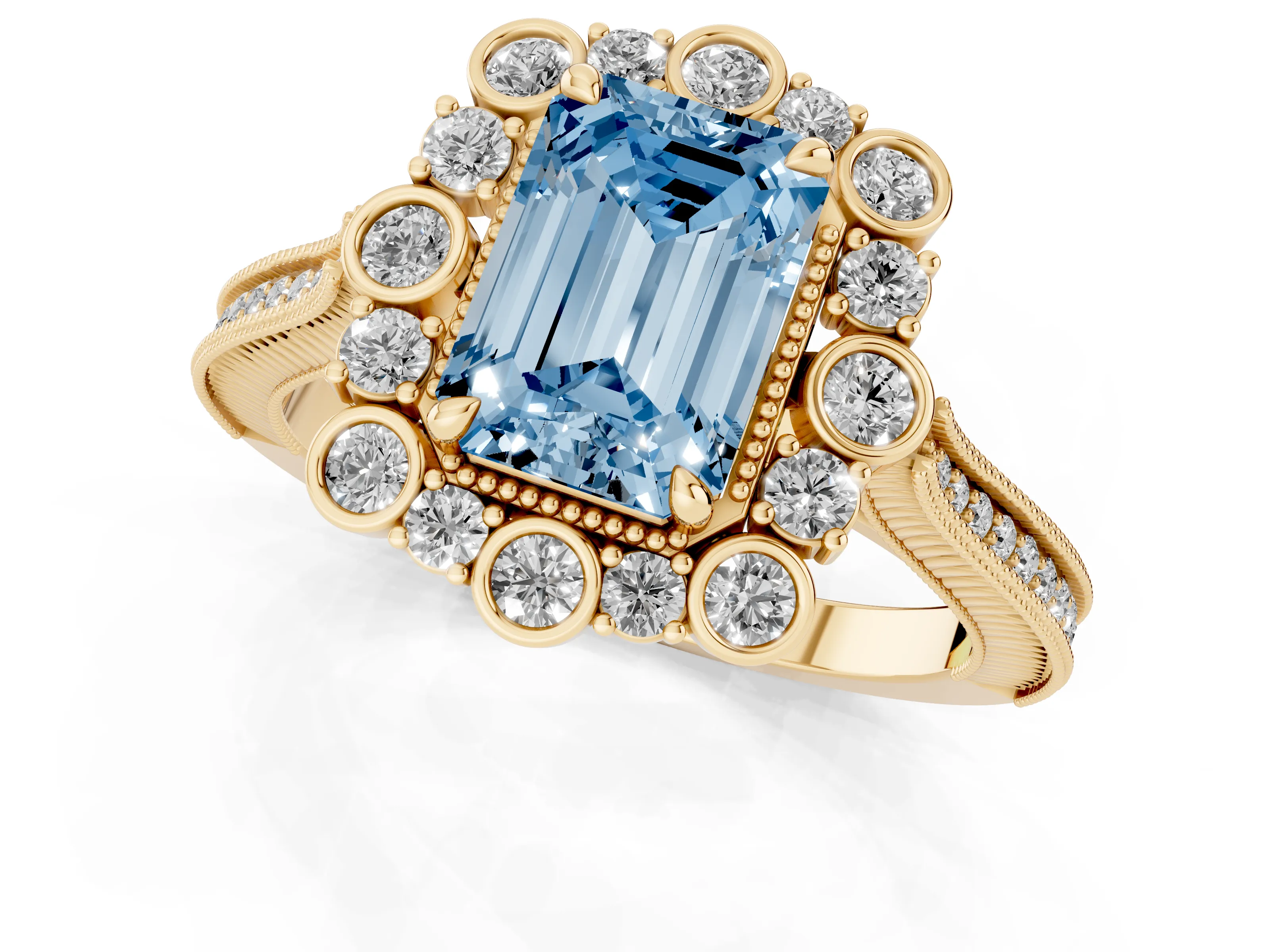 Fancy Blue Emerald Cut Diamond Halo Milgrain Pavé Ring Set in Yellow gold with Prong Setting