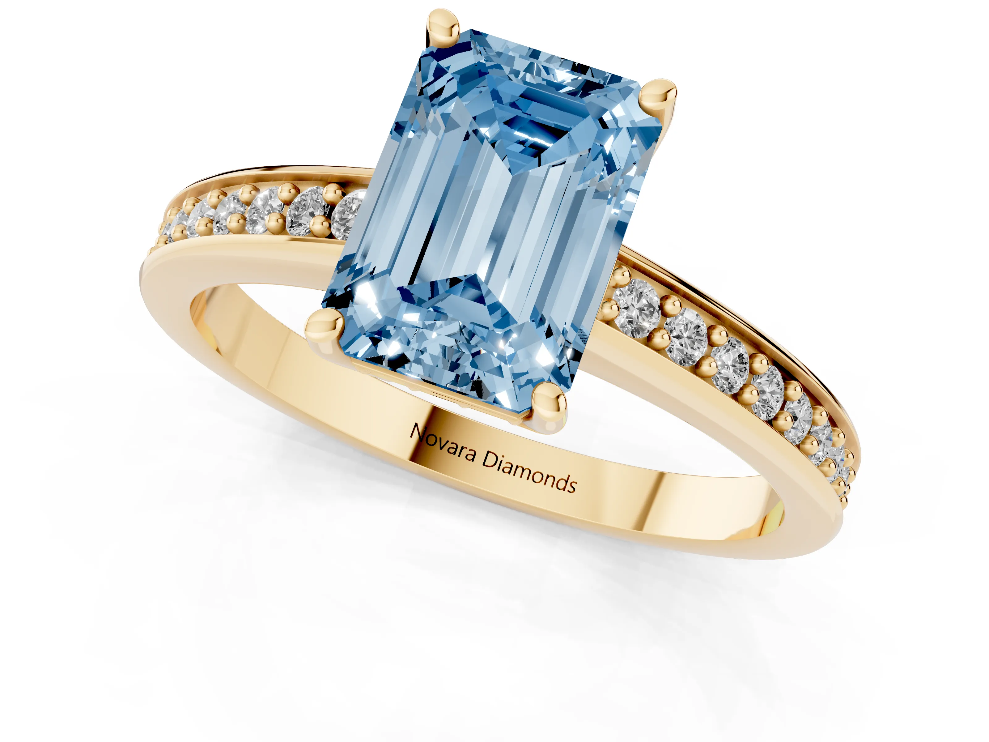 Fancy Blue Emerald Cut Diamond Pavé Band Prong Set Solitaire Ring Set in Yellow gold