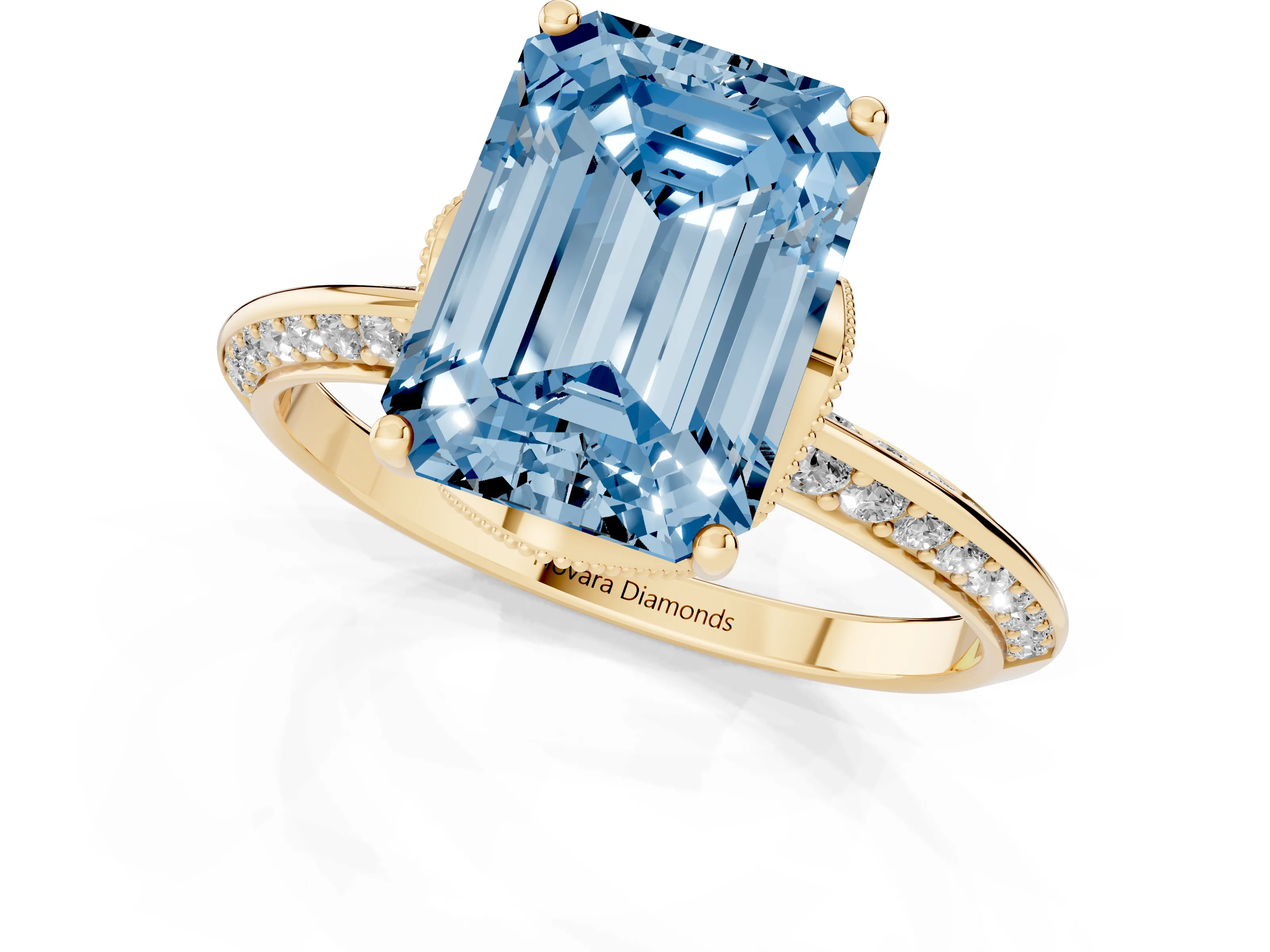 Fancy Blue Emerald Cut Diamond Solitaire Engagement Ring Set in Yellow gold with Pavé Split Shank and Prong Setting