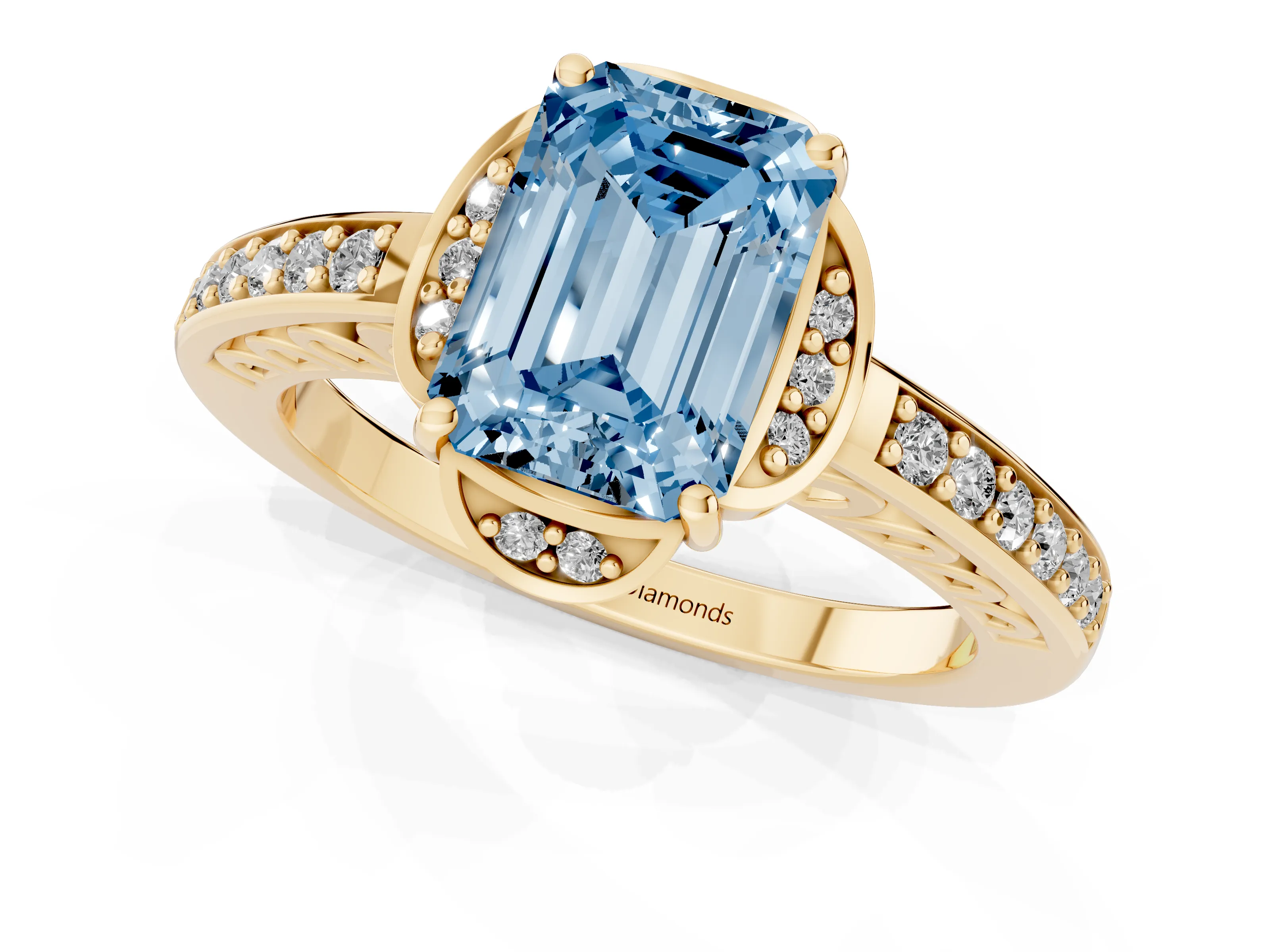 Fancy Blue Emerald Cut Diamond Halo Ring Set in Yellow gold with Channel Set Band and Prong Setting