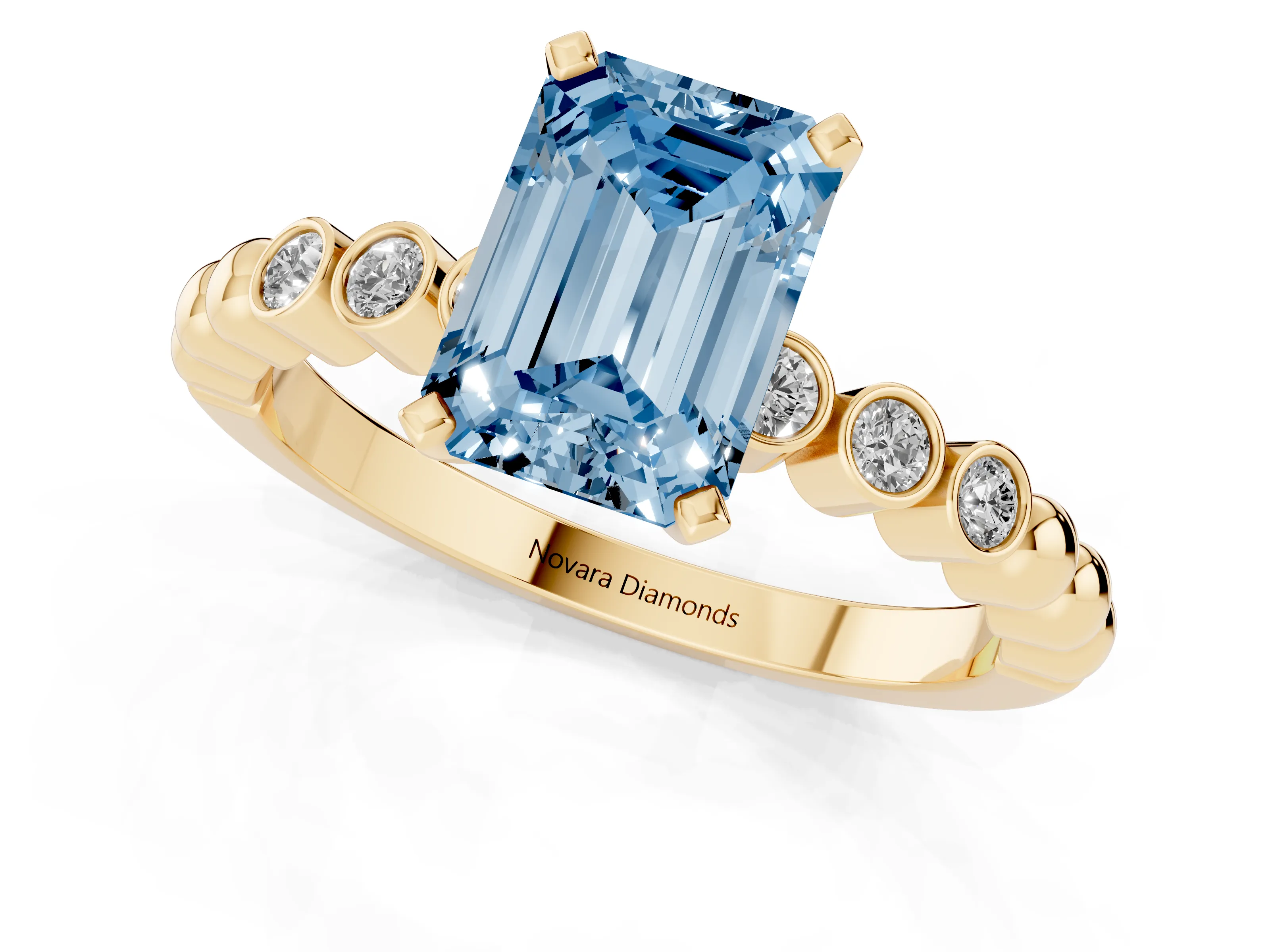 Fancy Blue Emerald Cut Diamond Solitaire Engagement Ring Set in Yellow gold with Bezel Accents on Beaded Band