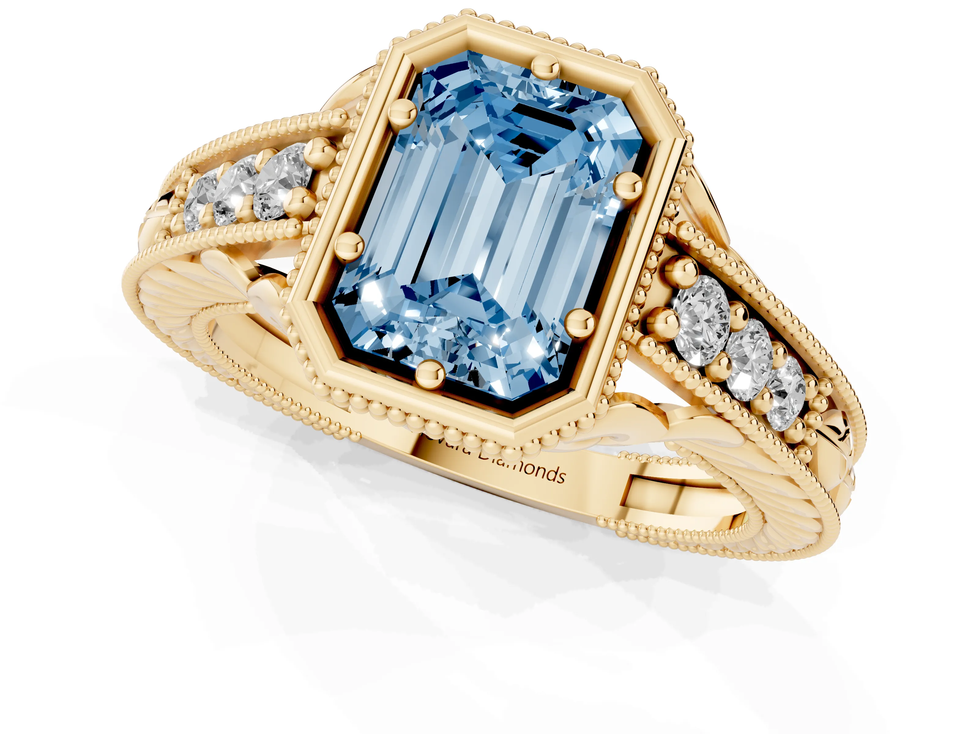 Fancy Blue Bezel Set Emerald Cut Diamond Milgrain Pavé Engagement Ring Set in Yellow gold