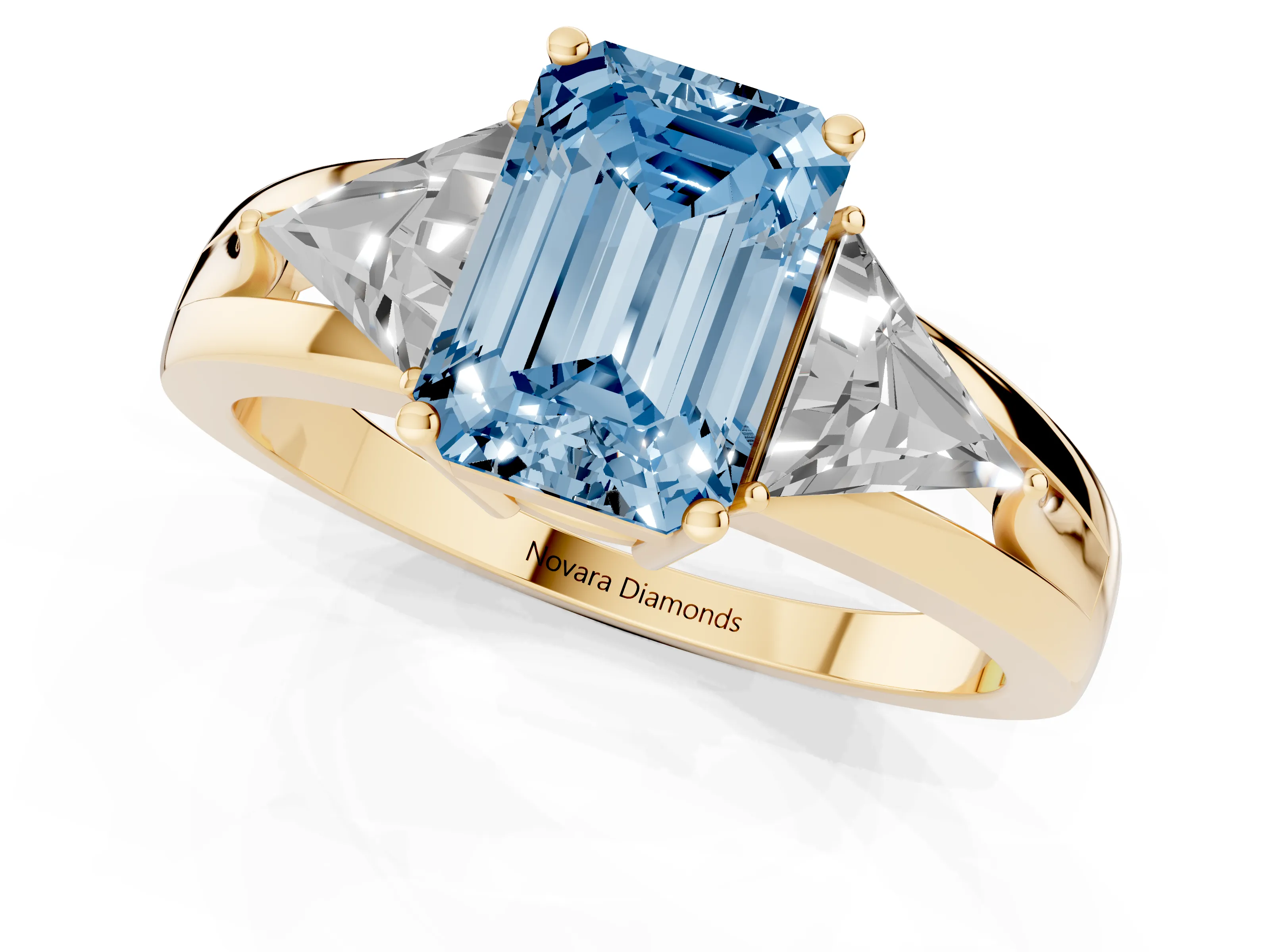 Fancy Blue Emerald Cut Diamond Three-Stone Ring Set in Yellow gold with Trillion Side Stones and Split Shank