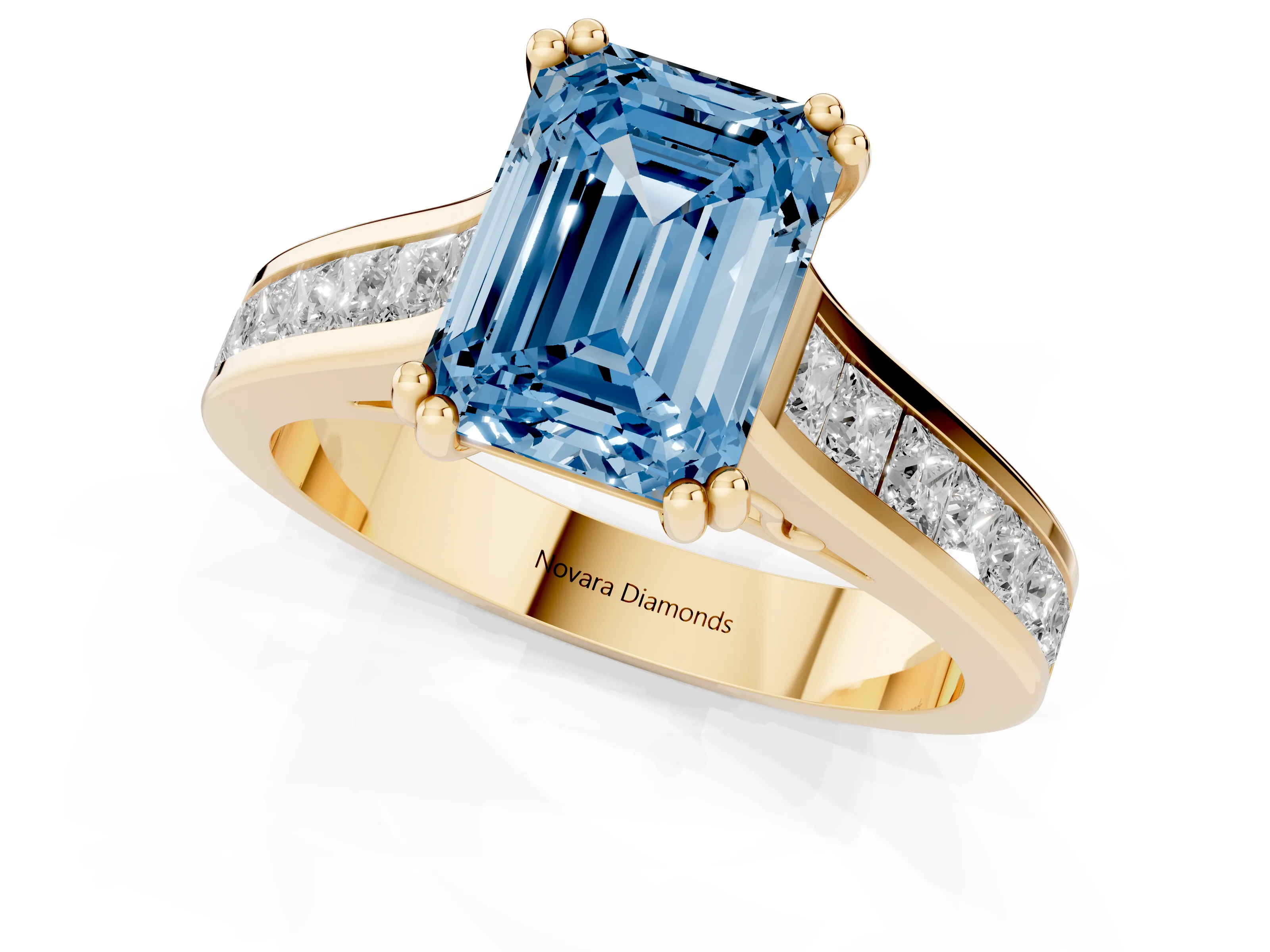 Fancy Blue Emerald Cut Diamond Channel Set Solitaire Engagement Ring Set in Yellow gold with Prong Setting