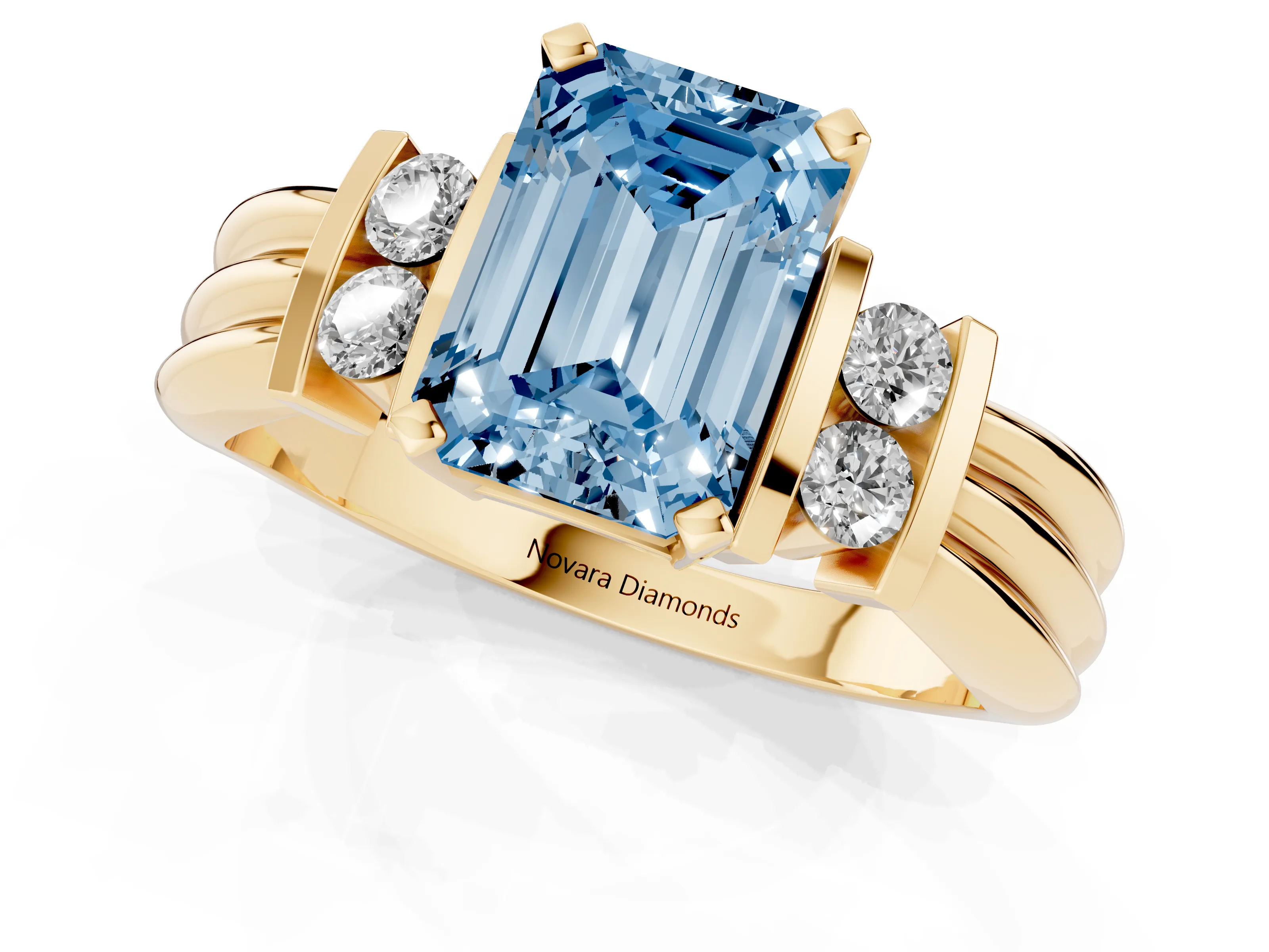 Fancy Blue Three-Stone Emerald Cut Diamond Channel Set Ring Set in Yellow gold with Bar Prongs
