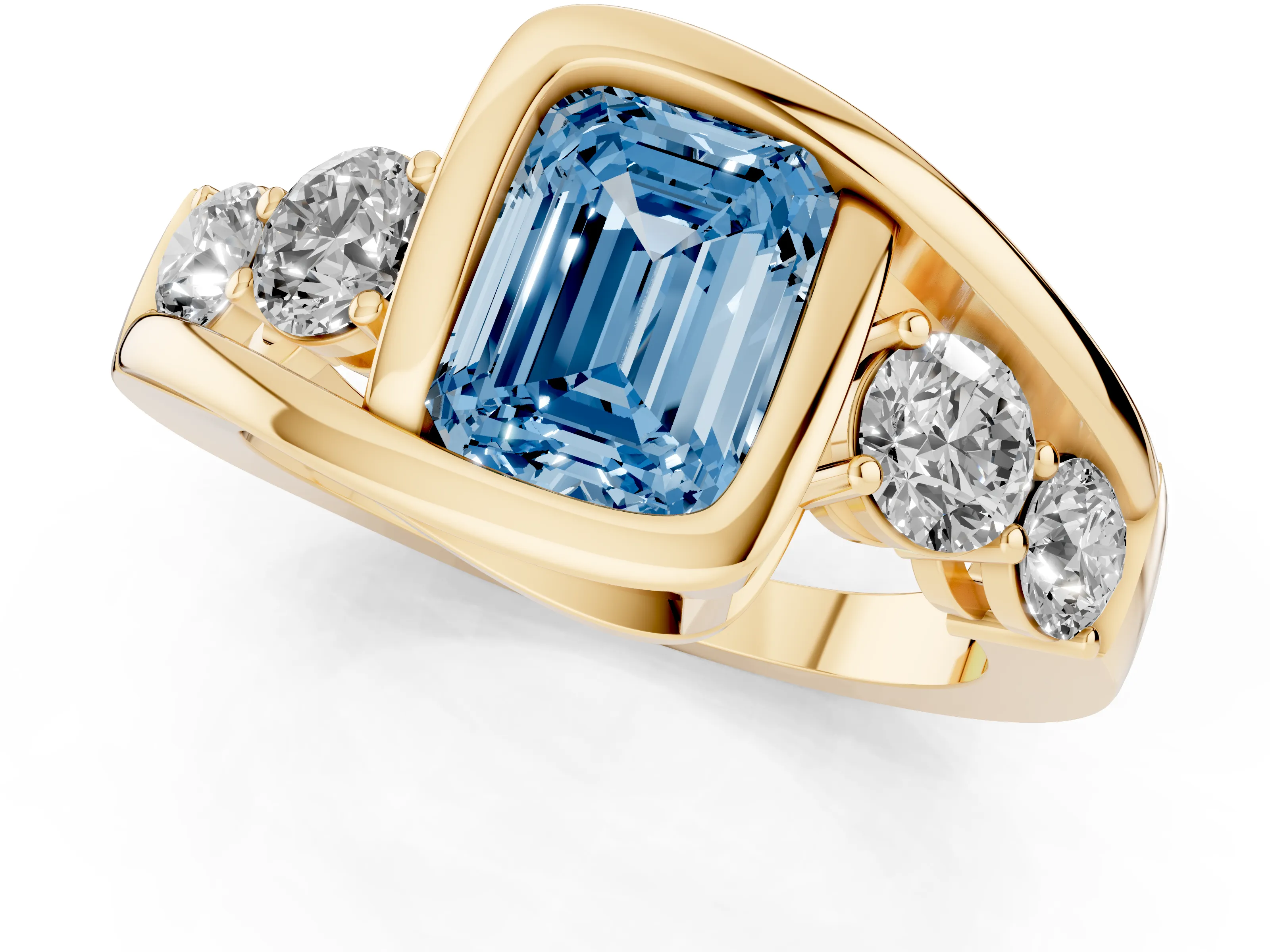 Fancy Blue Emerald Cut Diamond Bezel Bypass Ring Set in Yellow gold with Round Accents