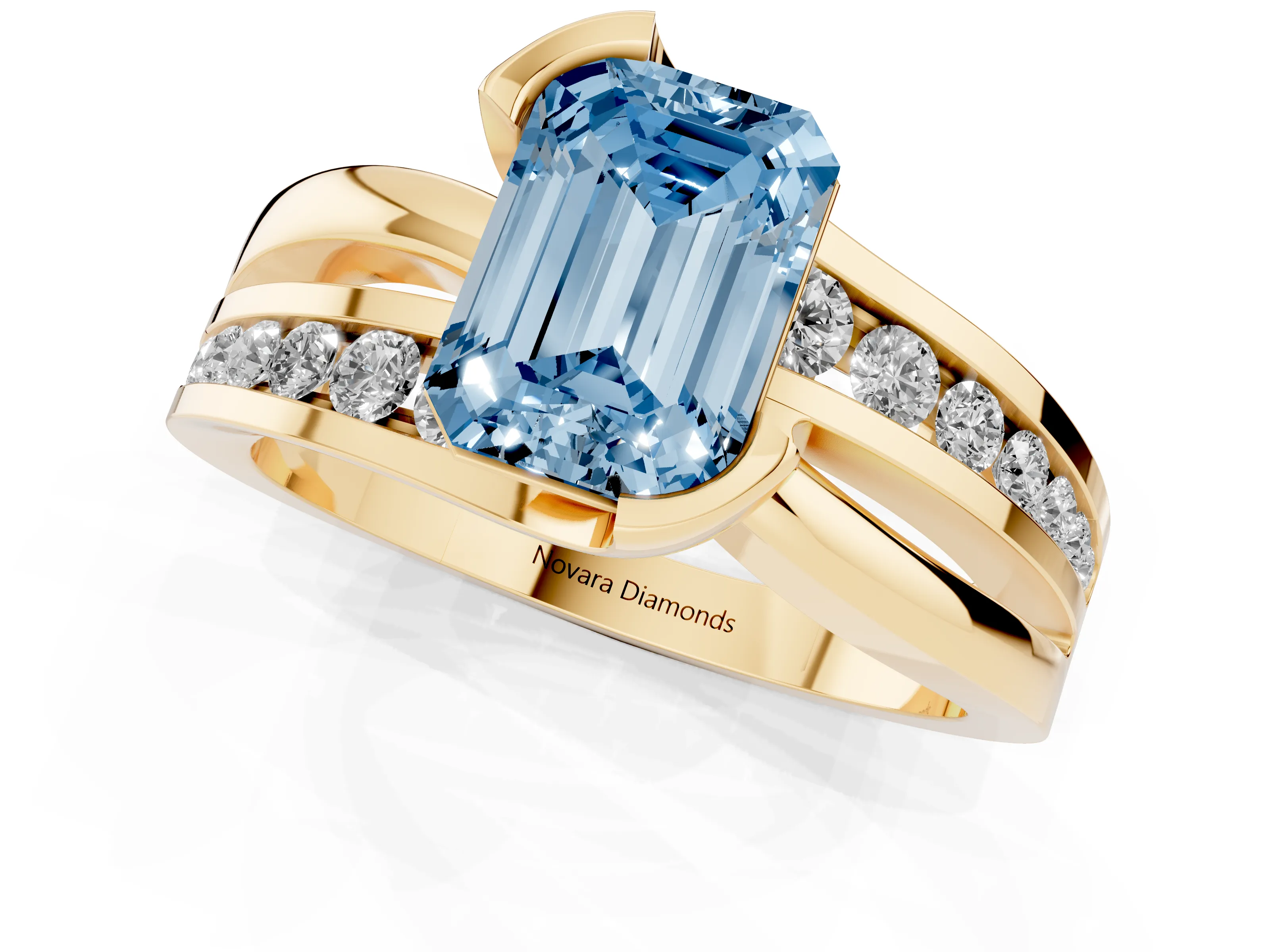Fancy Blue Emerald Cut Diamond Solitaire Ring Set in Yellow gold with Channel Set Split Shank and Tension Prongs