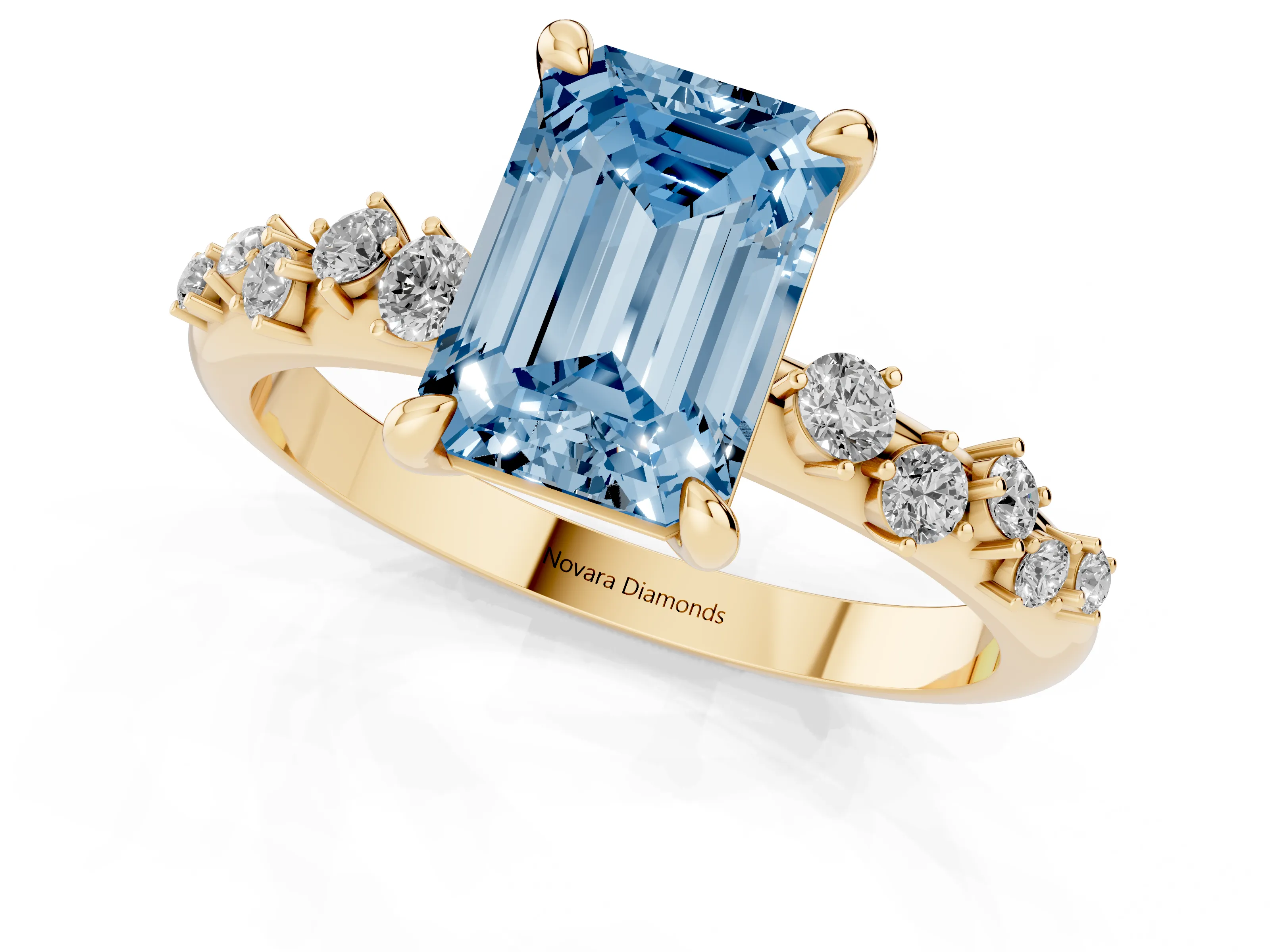 Fancy Blue Emerald Cut Diamond Solitaire Vine Band Ring Set in Yellow gold with Round Accents and Prong Setting – second view