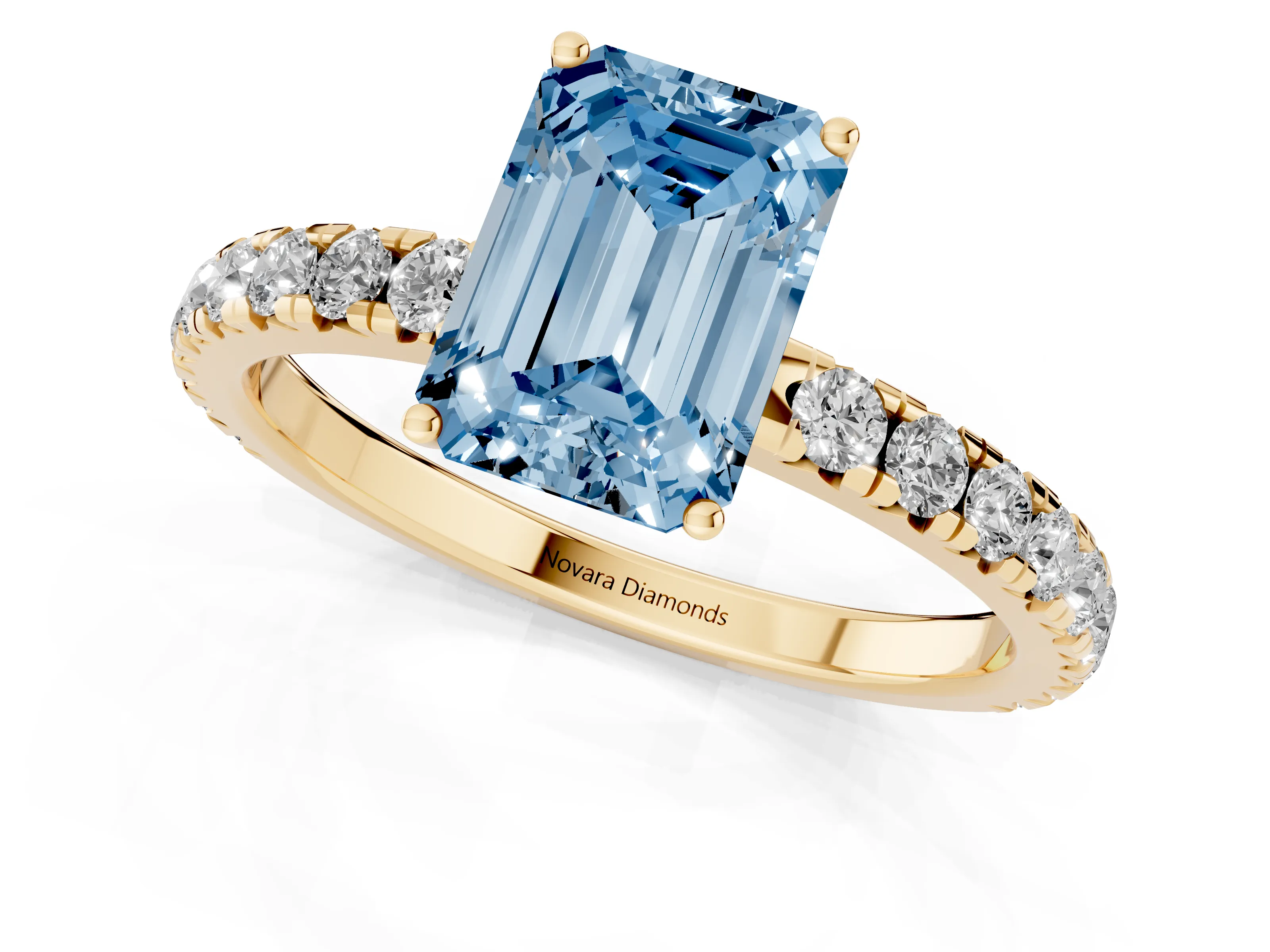 Fancy Blue Emerald Cut Diamond Pavé Solitaire Engagement Ring Set in Yellow gold with Prong Setting