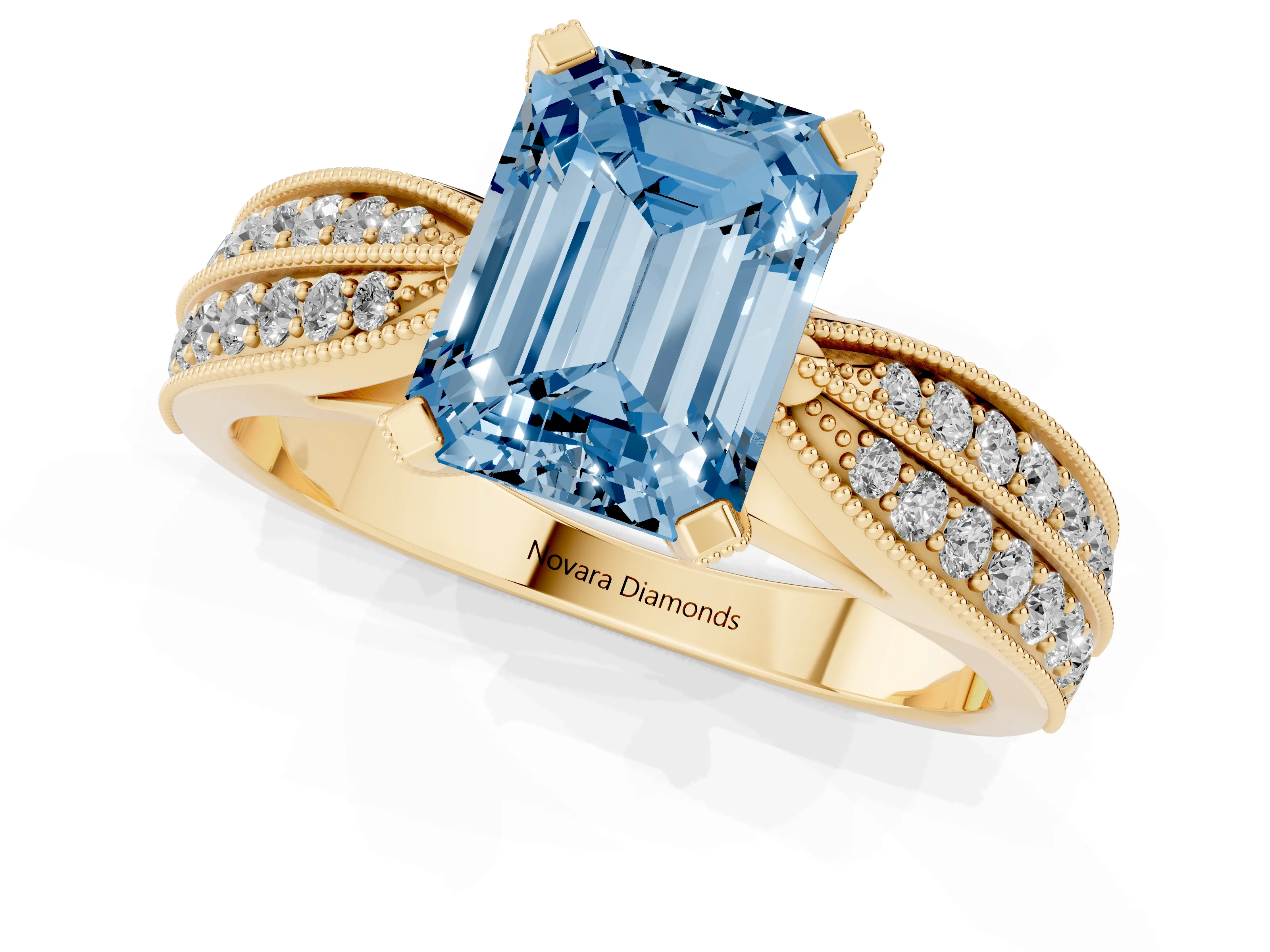 Fancy Blue Emerald Cut Diamond Solitaire Ring Set in Yellow gold with Milgrain Double Row Round Pavé Band