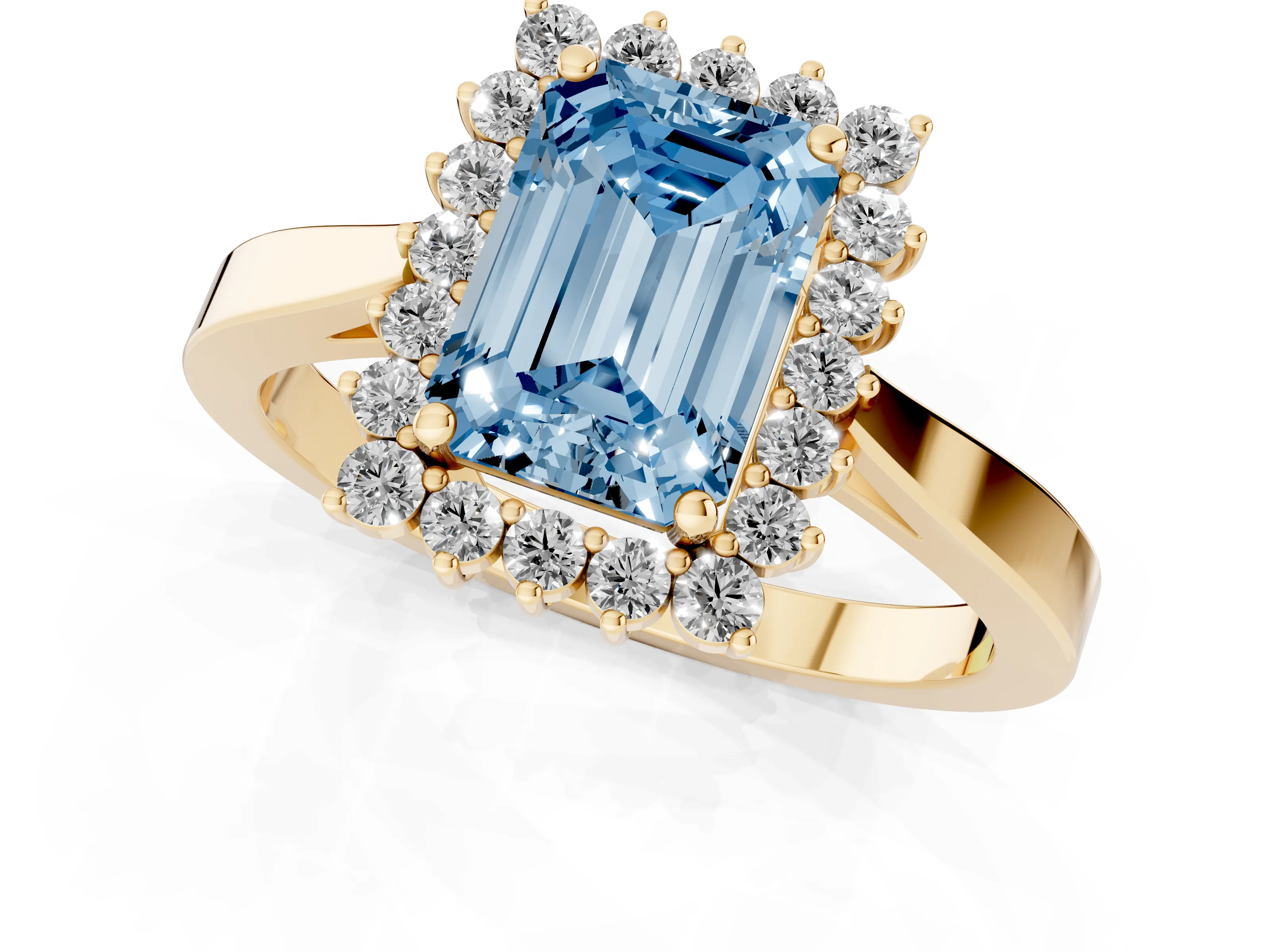 Fancy Blue Emerald Cut Diamond Halo Ring Set in Yellow gold with Round Halo and Smooth Solitaire Band