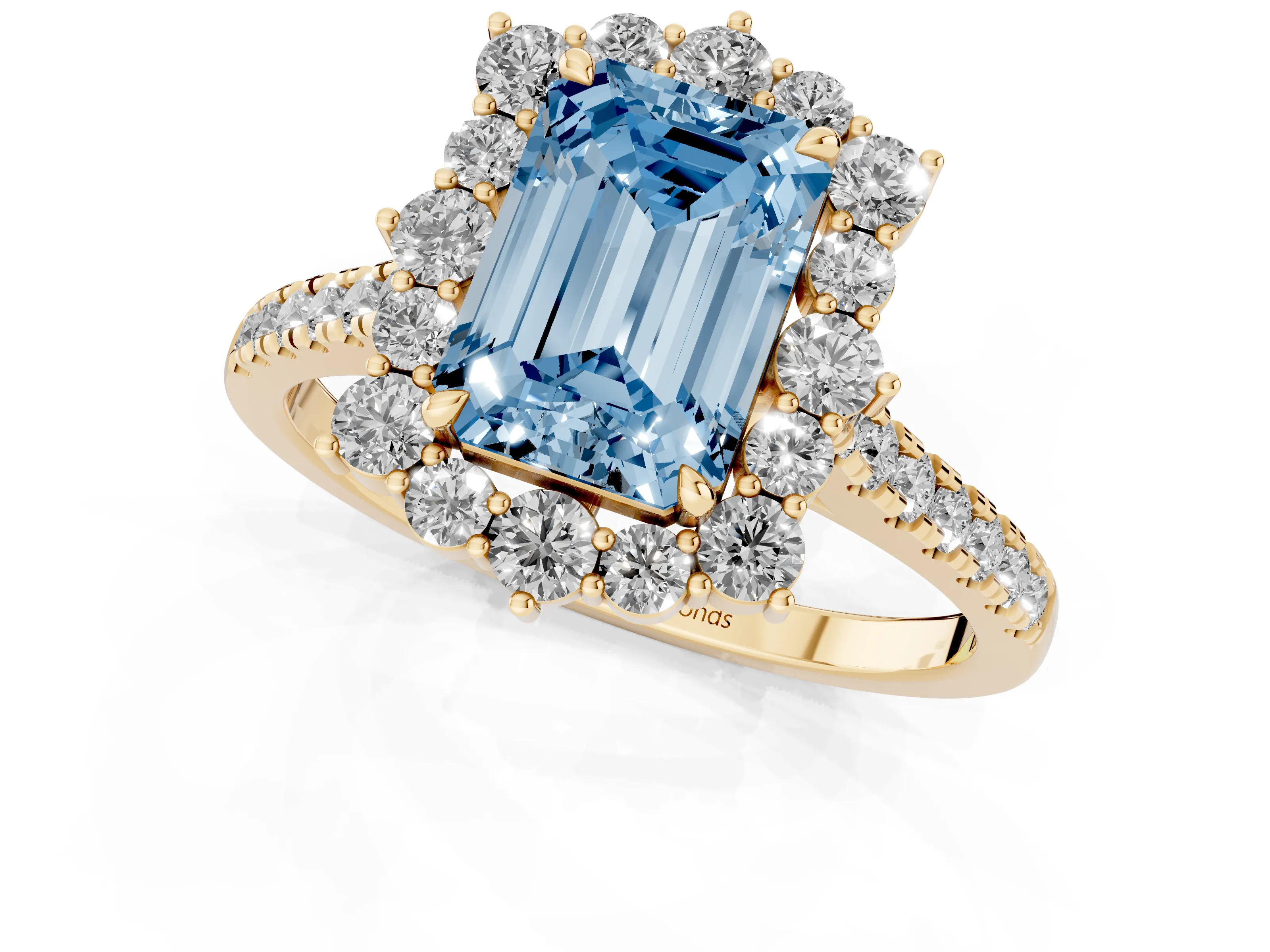 Fancy Blue Emerald Cut Diamond Halo Ring Set in Yellow gold with Pavé Band and Prong Setting