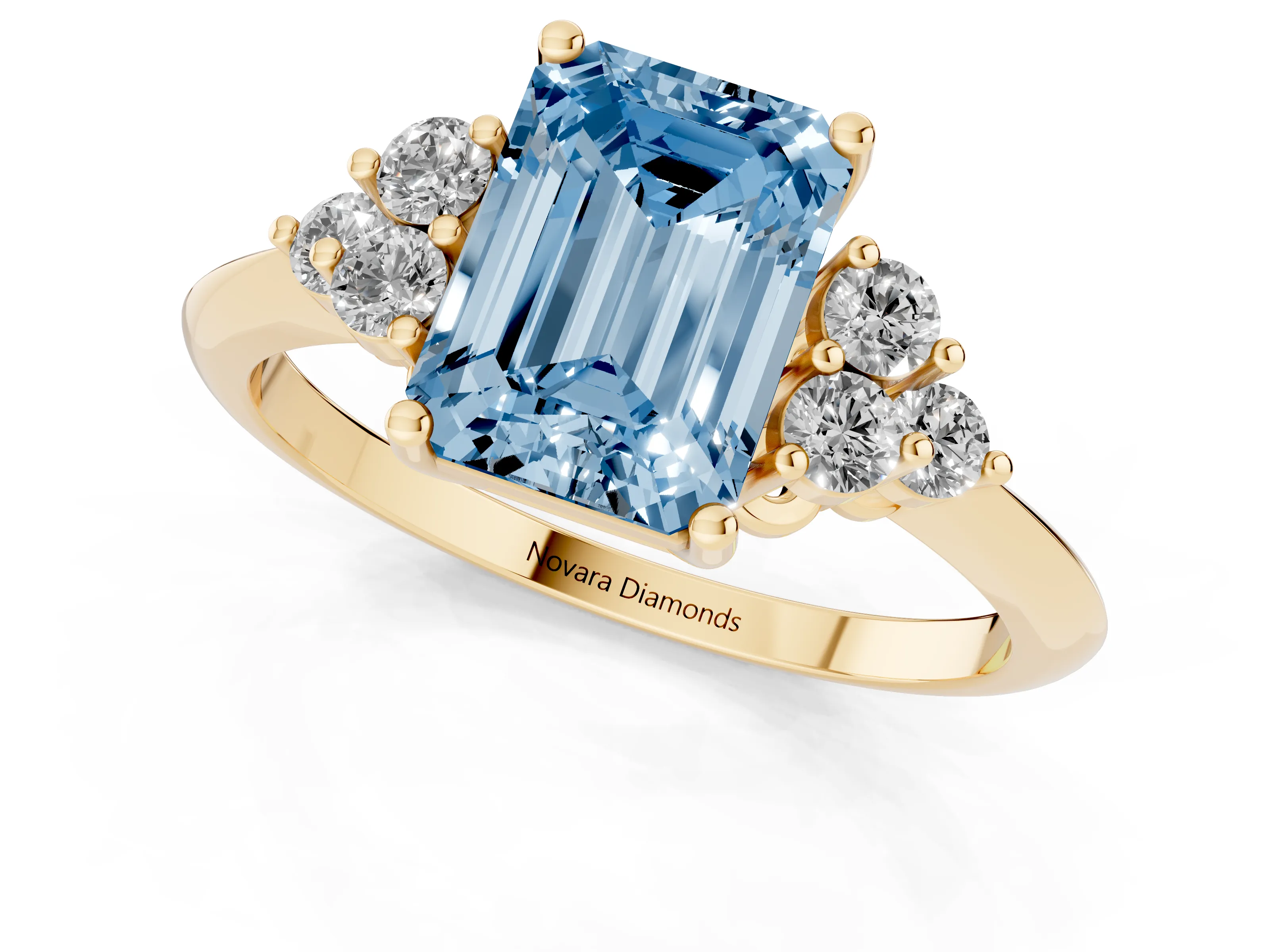 Fancy Blue Emerald Cut Diamond Cluster Ring Set in Yellow gold with Plain Band and Prong Setting