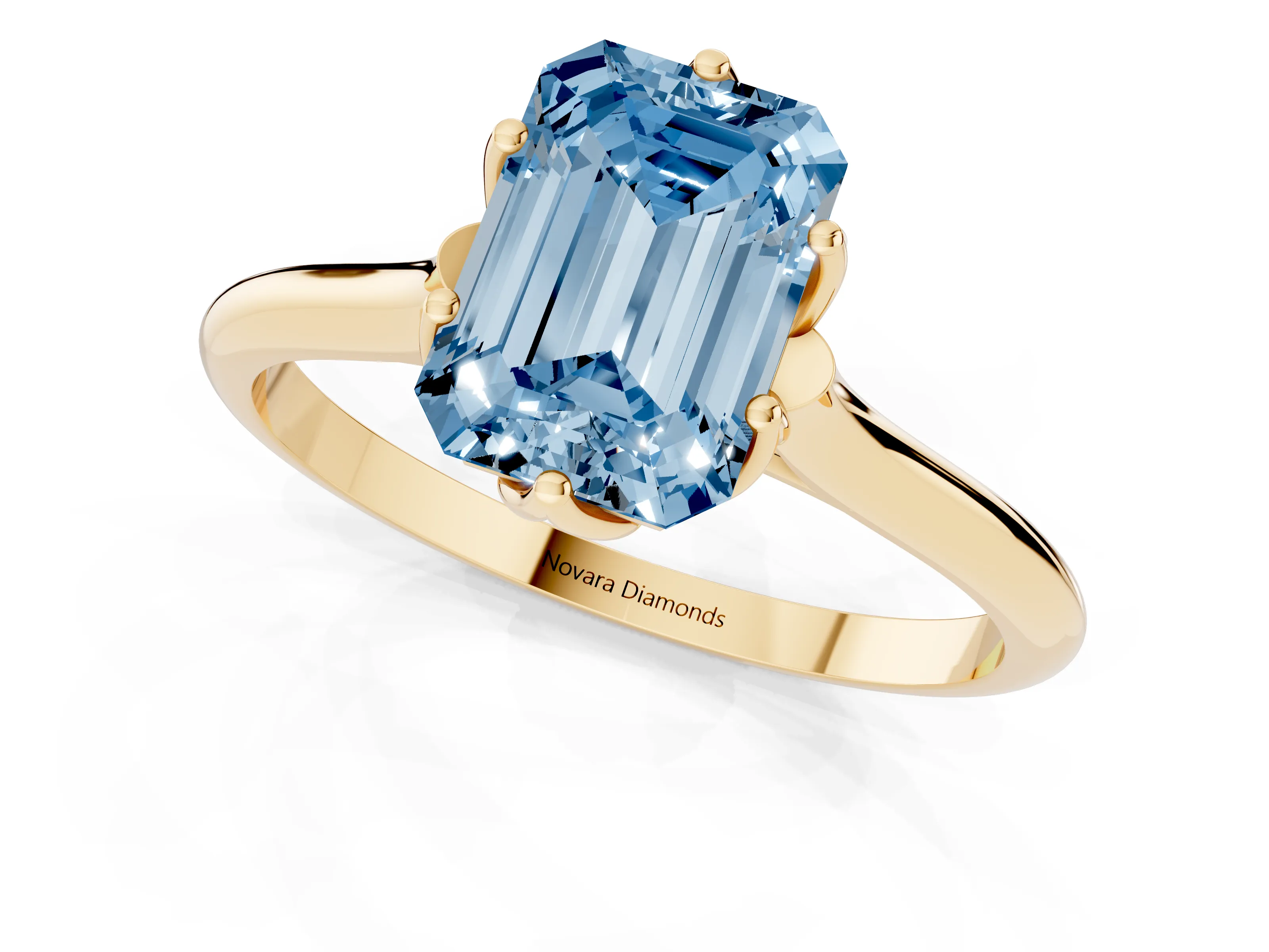 Fancy Blue Emerald Cut Diamond Solitaire Cathedral Ring Set in Yellow gold with Prong Setting