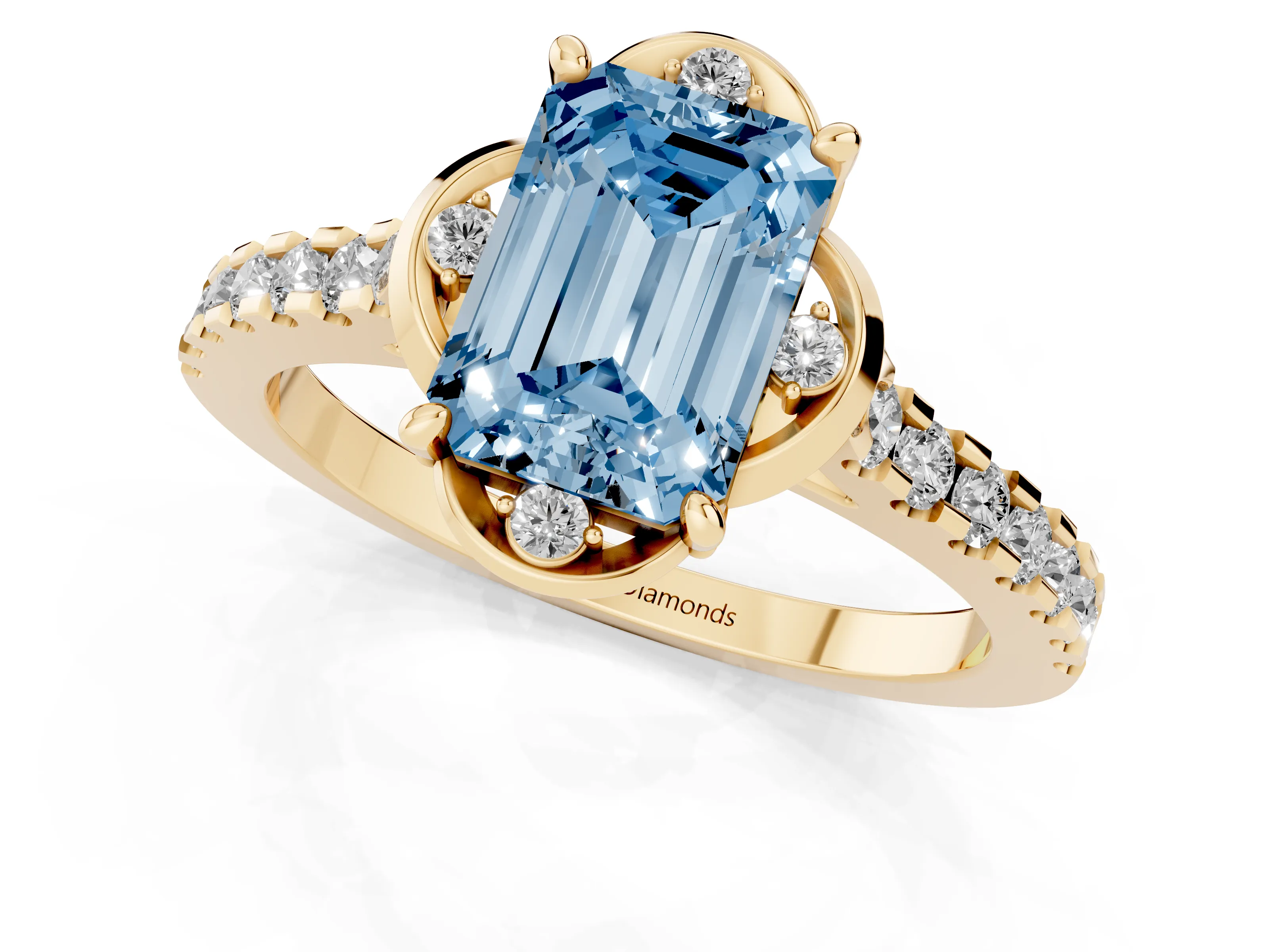 Fancy Blue Emerald Cut Diamond Solitaire Ring Set in Yellow gold with Pavé Band and Floral Prong Setting
