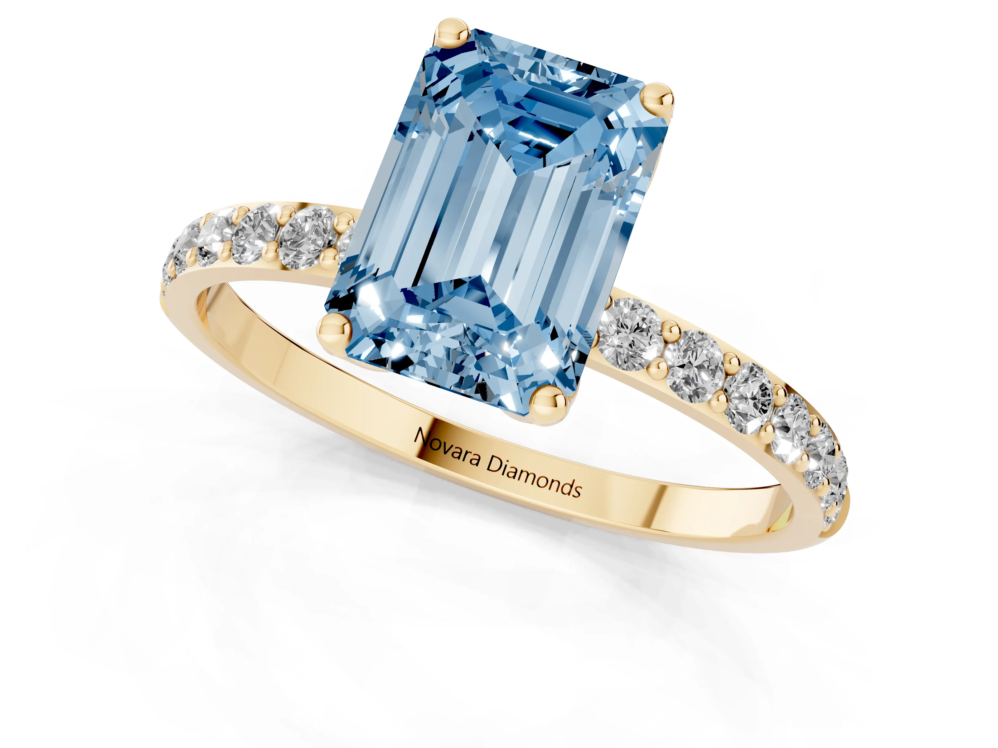 Fancy Blue Emerald Cut Diamond Solitaire Engagement Ring Set in Yellow gold with Round Pavé Band and Prong Setting