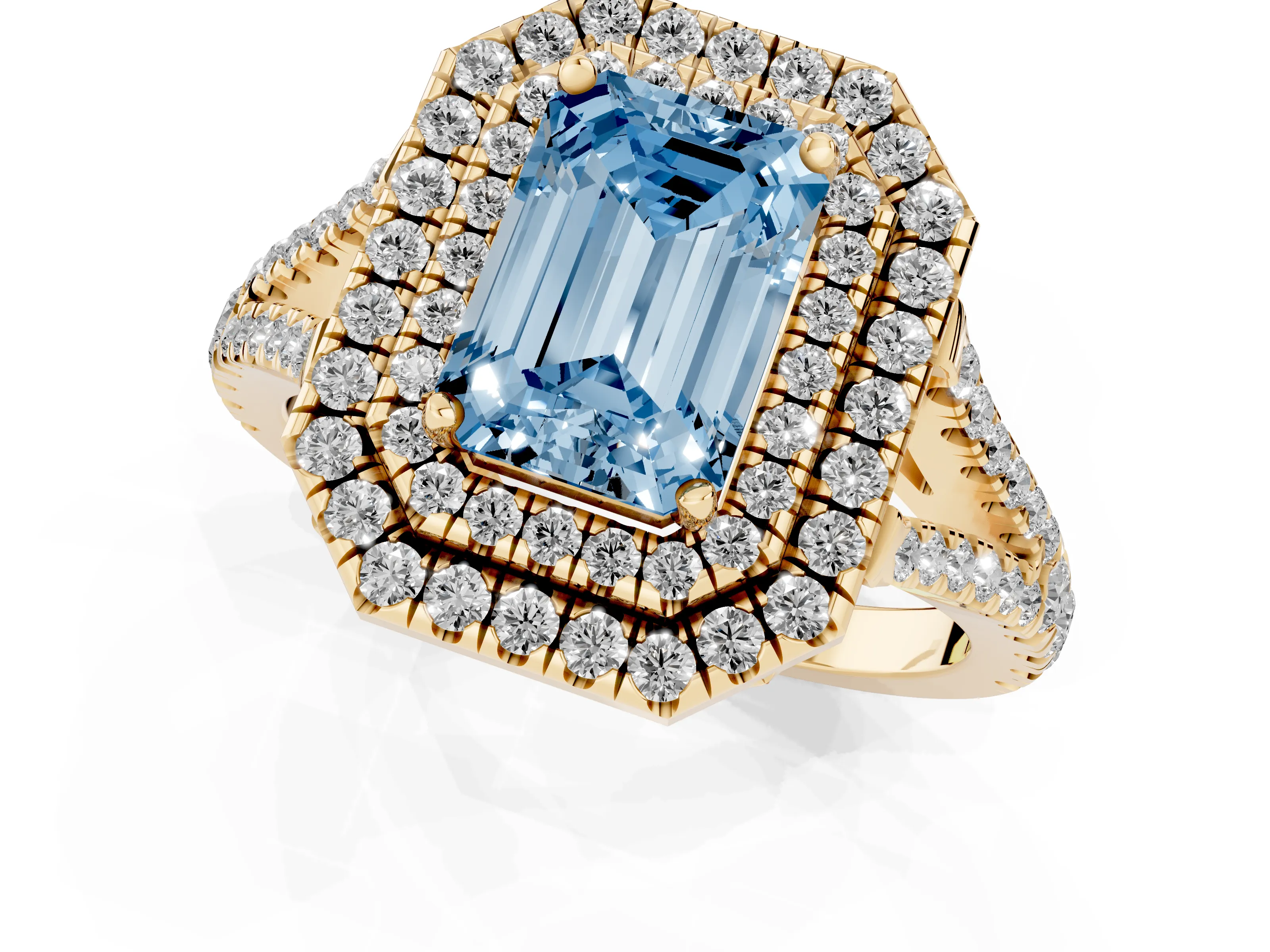 Fancy Blue Emerald Cut Diamond Double Halo Ring Set in Yellow gold with Pavé Band – second view