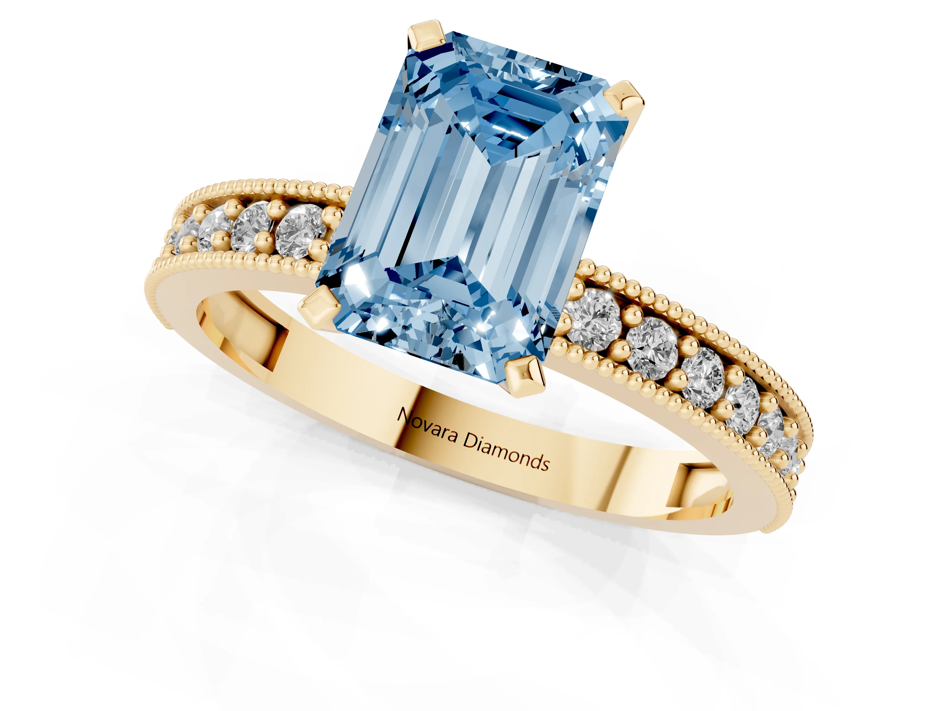 Fancy Blue Emerald Cut Diamond Milgrain Pavé Engagement Ring Set in Yellow gold with Prong Setting