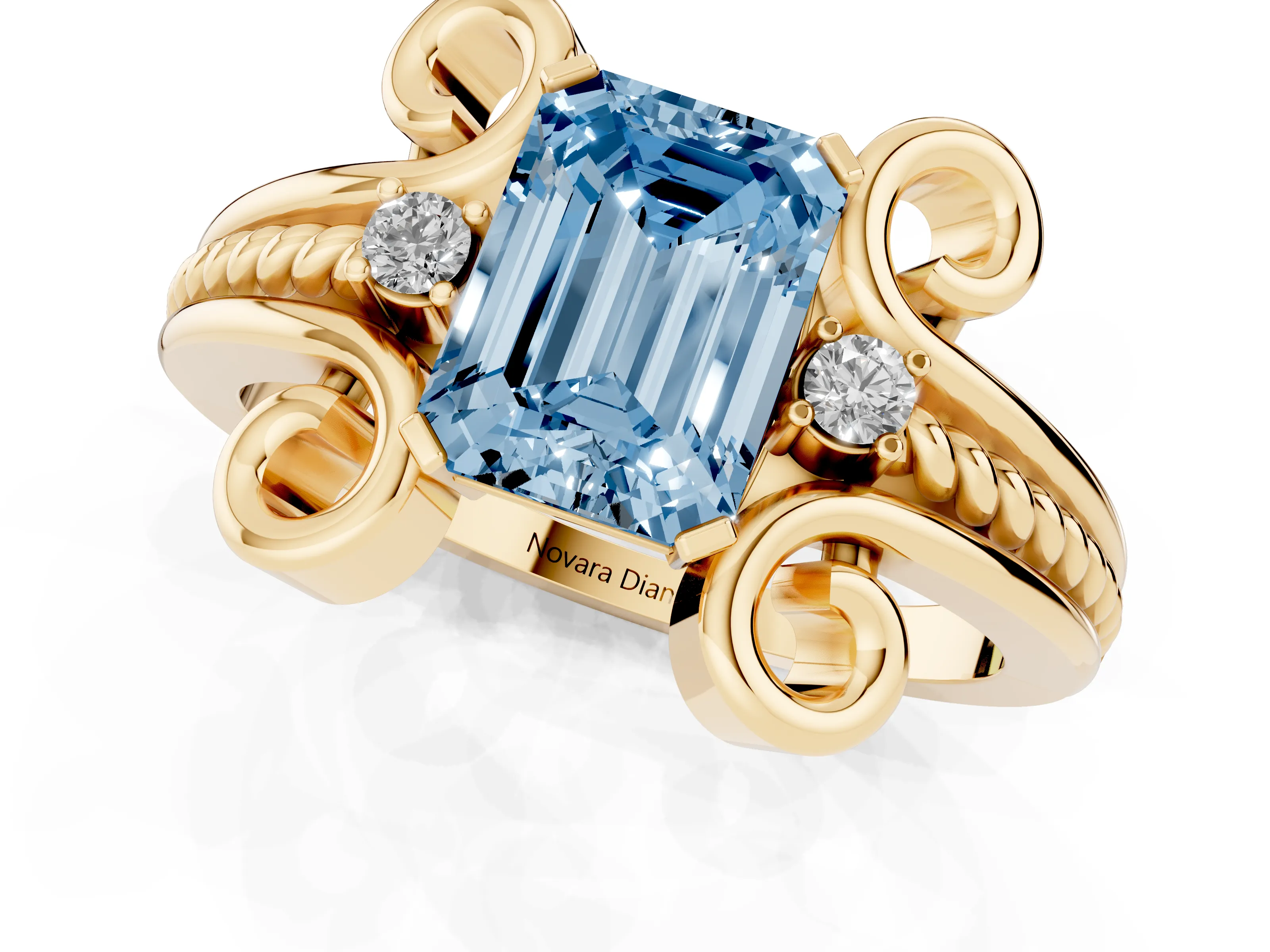 Fancy Blue Emerald Cut Diamond Twisted Band Solitaire Ring Set in Yellow gold with Scroll Prongs