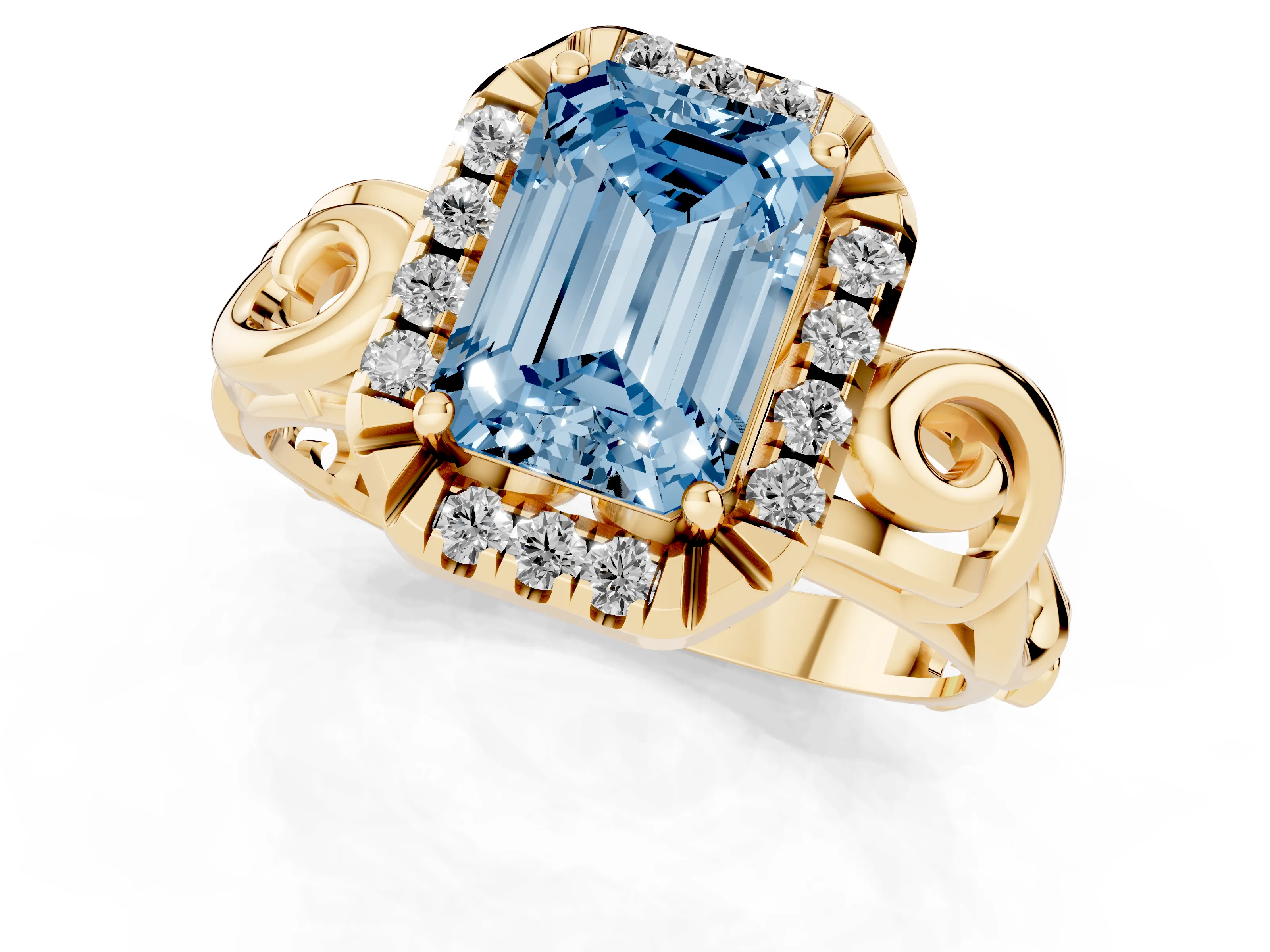 Fancy Blue Emerald Cut Diamond Halo Ring Set in Yellow gold with Scrollwork Band and Prong Setting