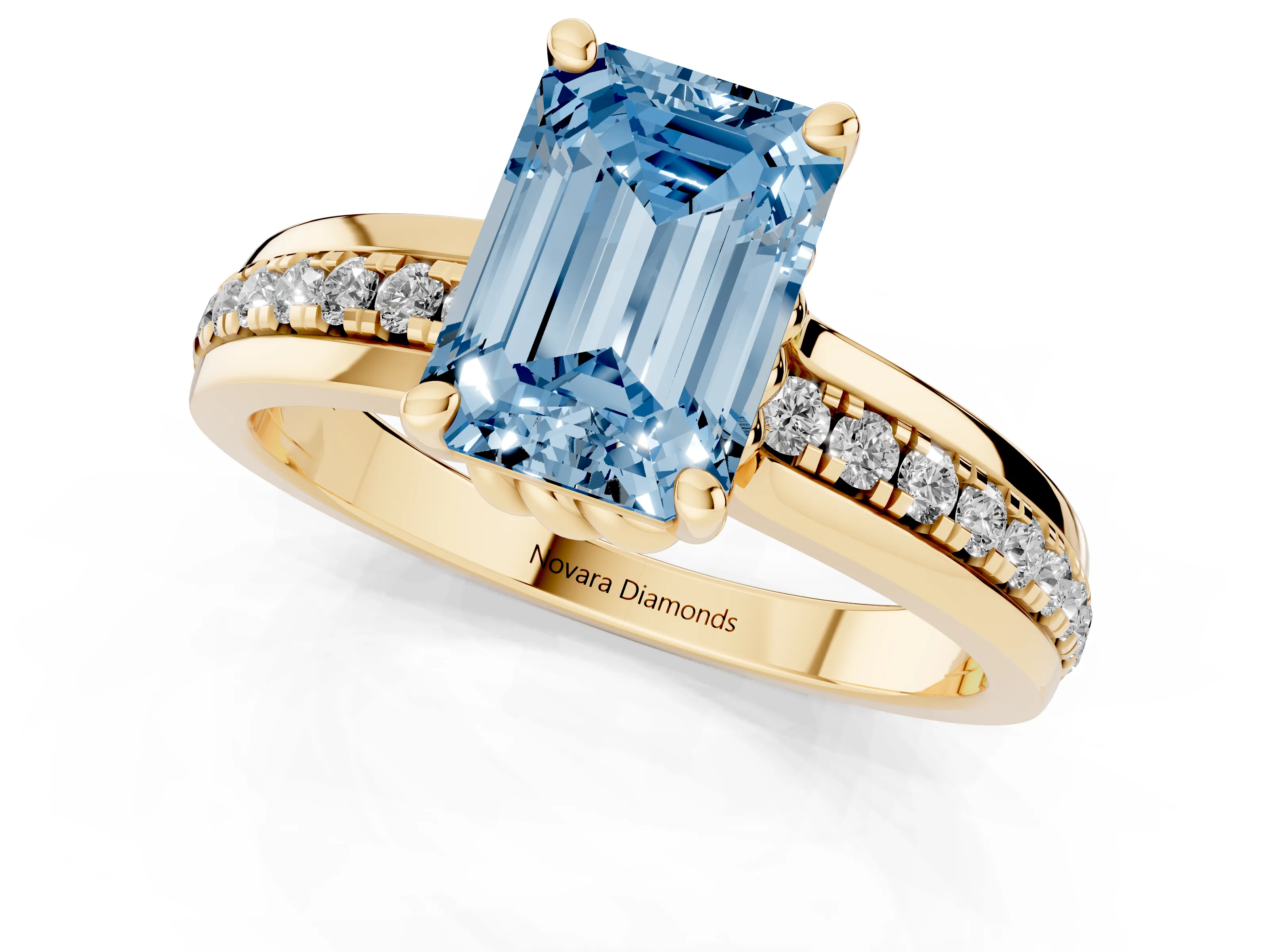 Fancy Blue Emerald Cut Diamond Solitaire Ring Set in Yellow gold with Channel Set Band and Prong Setting
