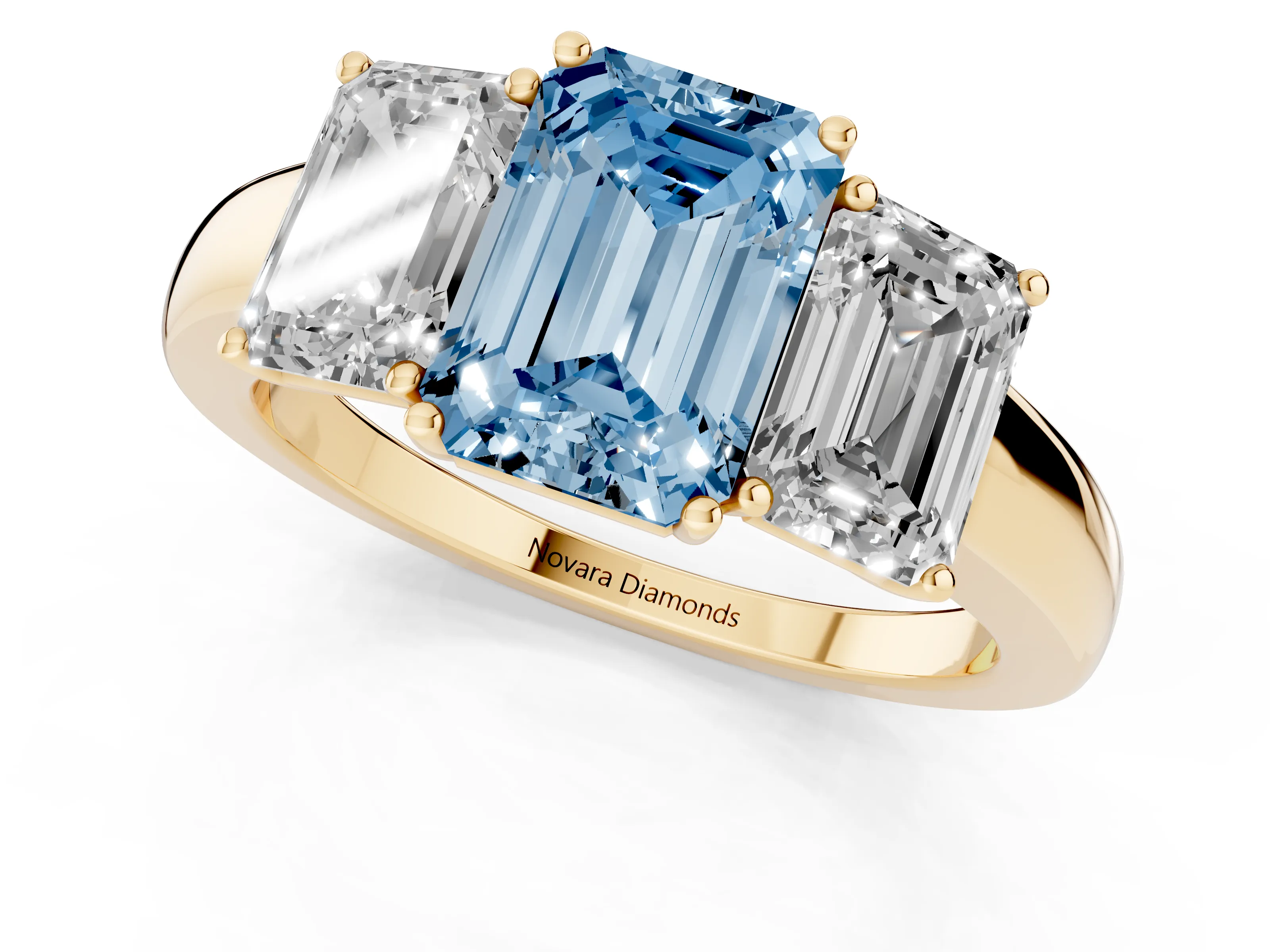 Fancy Blue Emerald Cut Diamond Three-Stone Ring Set in Yellow gold with Bold Center and Classic Band